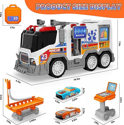 Miniatura 2 de Camión de juguete de ambulancia con sonido de efecto, incluye equipo CT, carro camilla, 2 autos de carreras de expulsión, regalos de cumpleaños para
