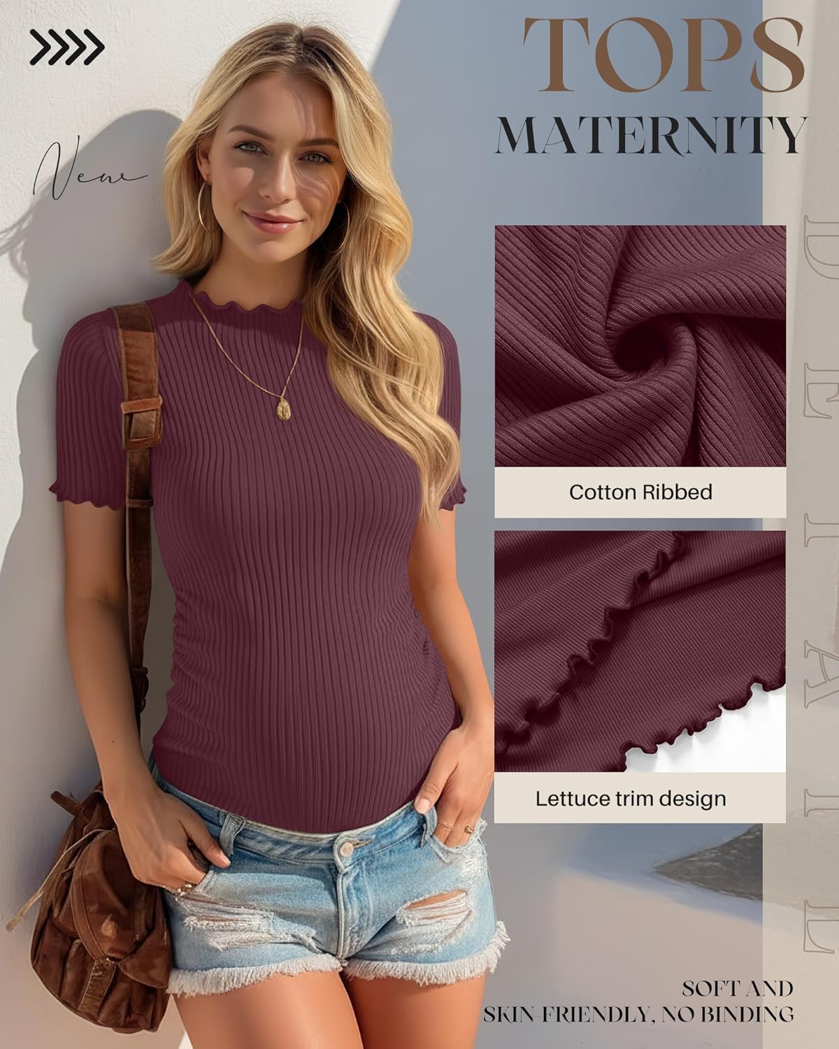 3 Pack Women's Maternity Tops Short Sleeve Ribbed Knit Maternity Shirts Crew Neck Side Ruched Pregnancy Clothes - Image 5