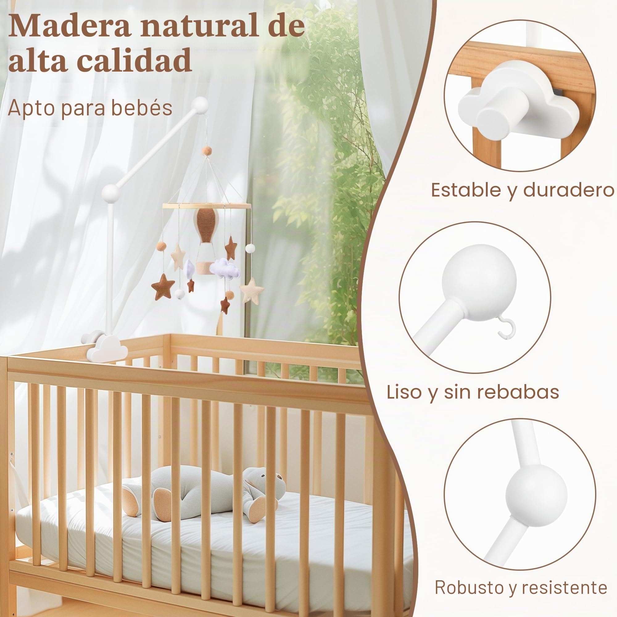 Soporte Móvil para Bebé, Soporte de Móvil Extraíble, Soporte de Madera para Cuna con Forma de Nube, Brazo Móvil de Cuna para Juguetes, Campanas de Viento y Decoración de Habitación, Blanco