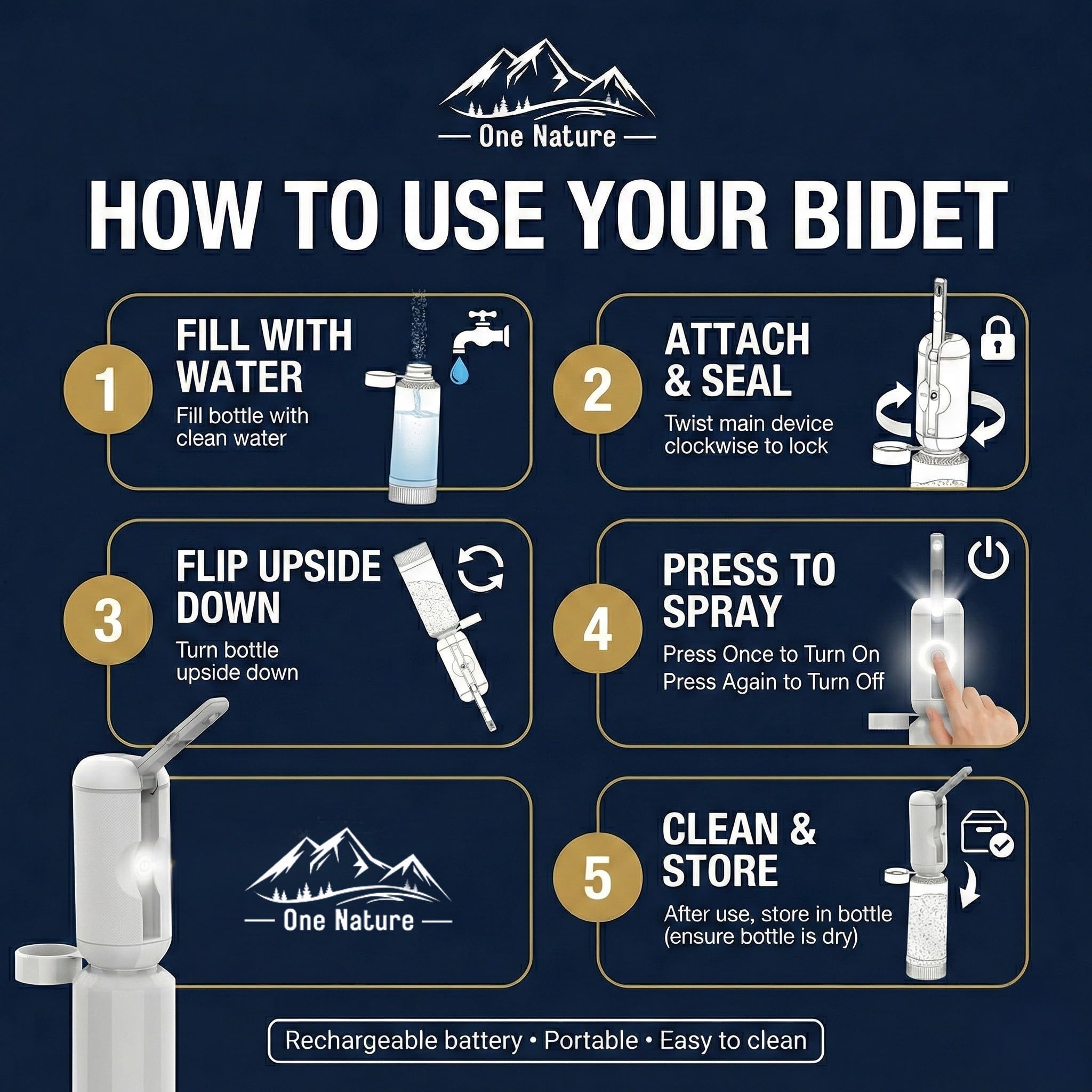 Travel Bidet Portable Bidet Sprayer for Travel ONE NATURE 500mL IPX6 Waterproof Electric High Pressure Handheld Bidet Sprayer — view 8