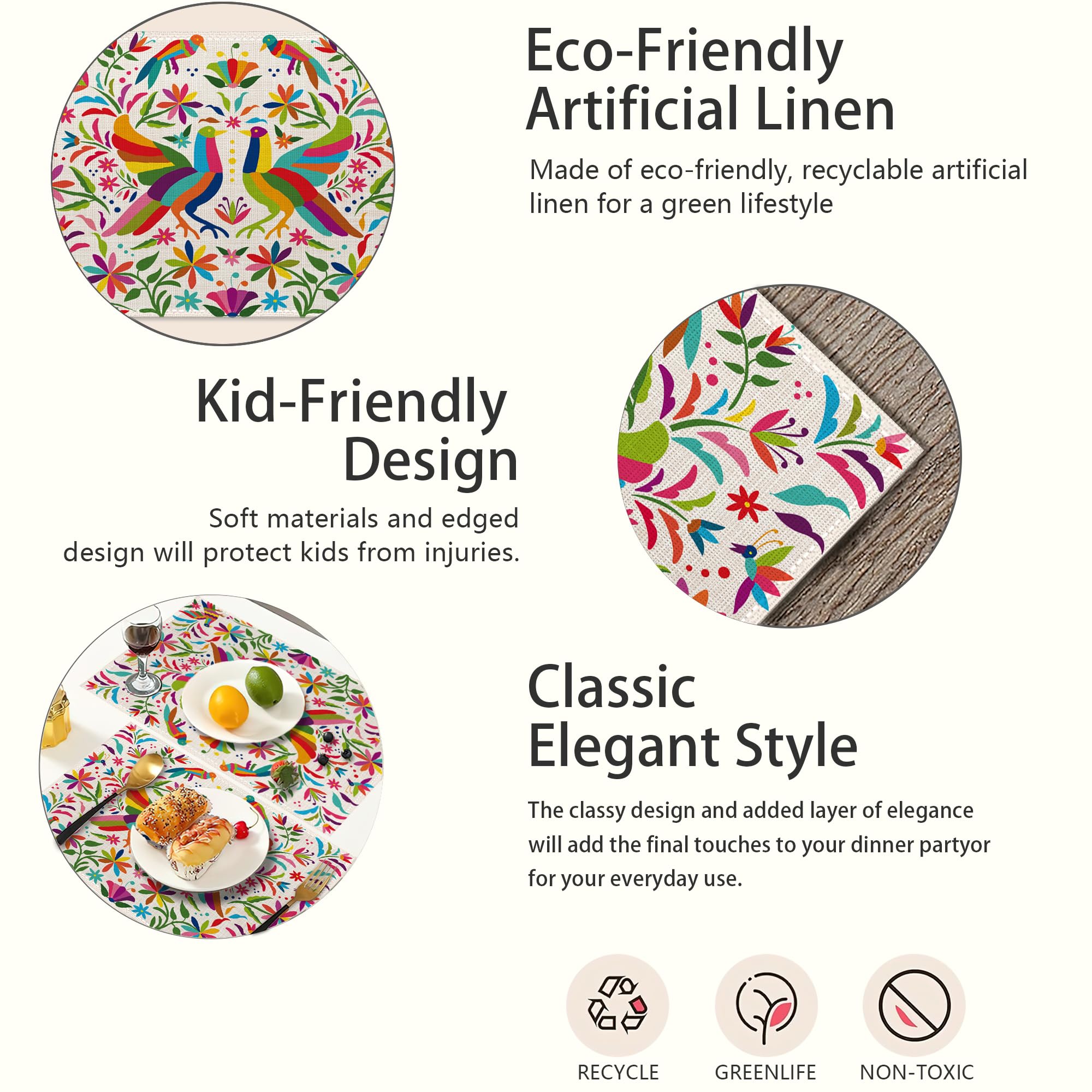 Juego de 6 manteles individuales coloridos con diseño de pájaro mexicano, de lino étnico, lavables, para cocina, comedor, resistentes al calor, para fiestas en casa, interiores, vacaciones, 12 x 18