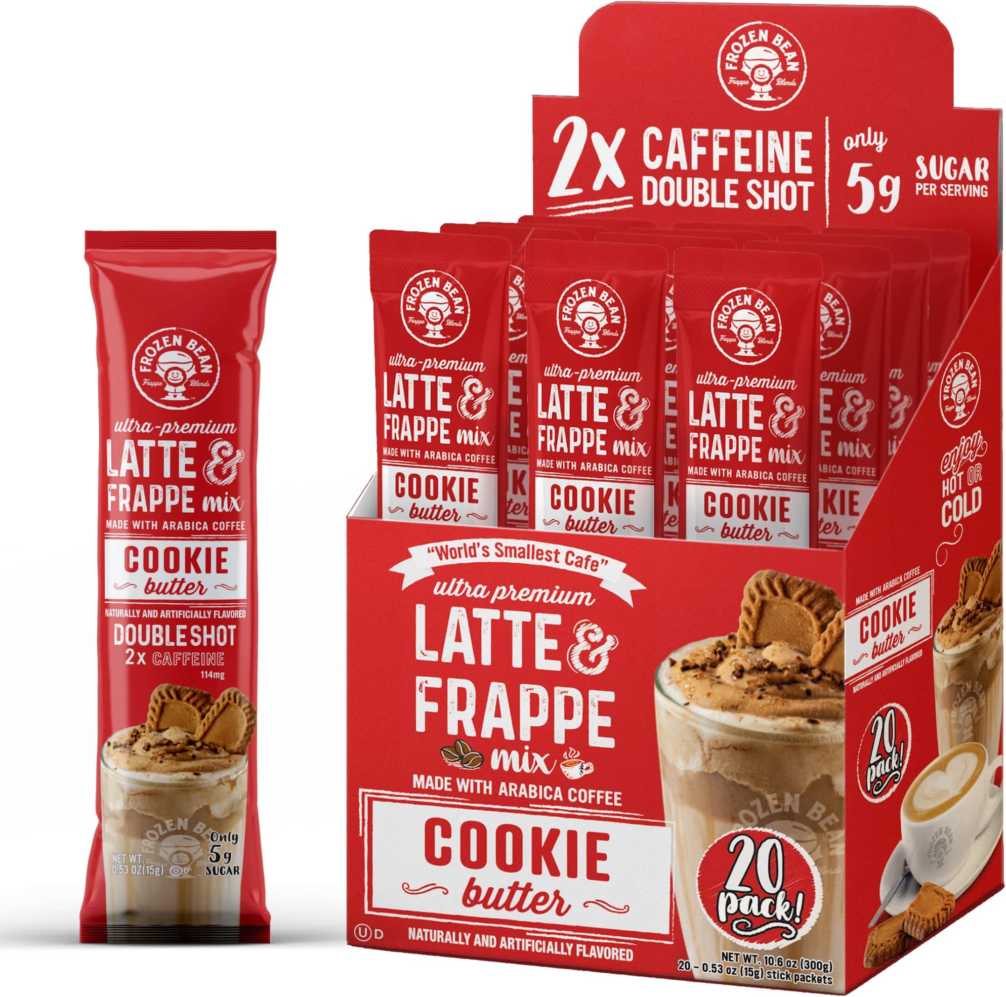 The Frozen Bean Cookie Butter Frappe & Latte Instant Mix (20 Sticks), Made with Arabica Coffee, Double Shot Caffeine, Low Sugar & Premium Ingredients, Hot, Iced, or Blended Drinks