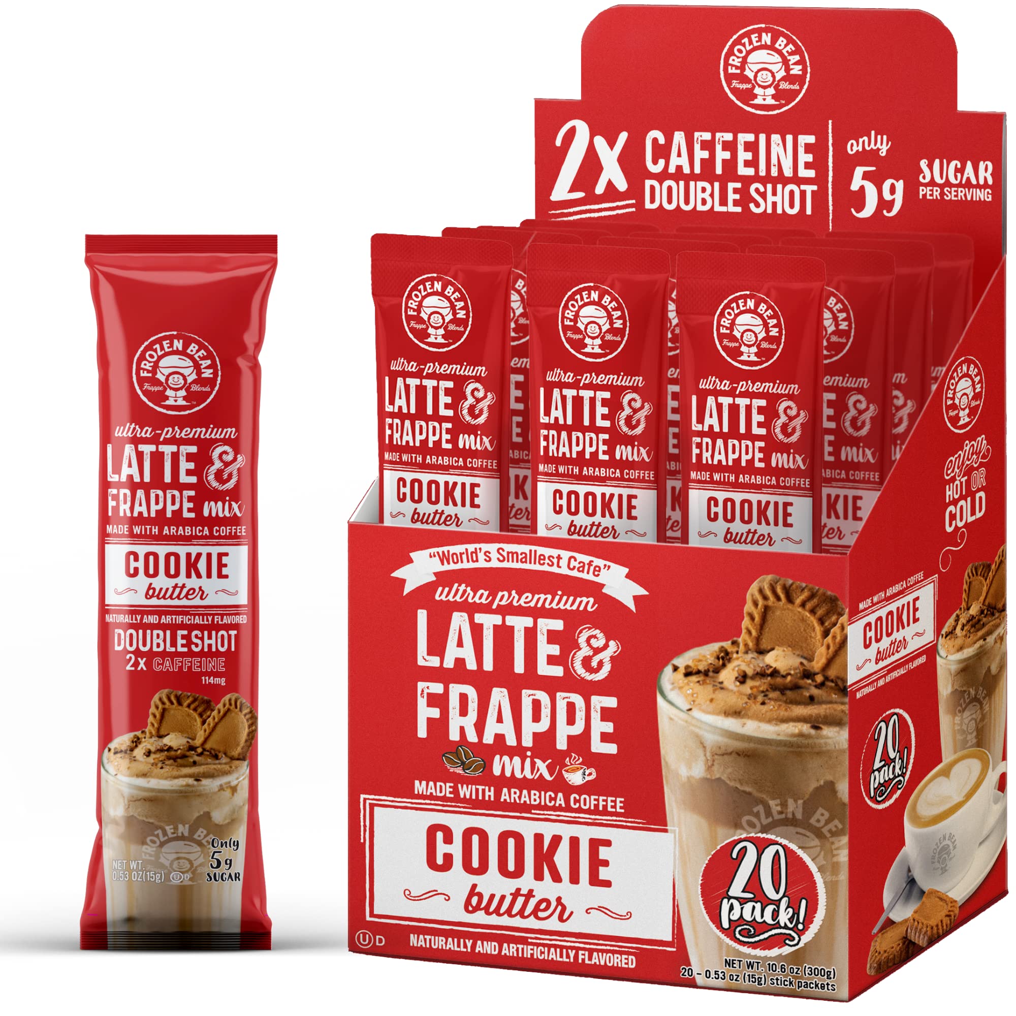 The Frozen Bean - Cookie Butter Frappe & Latte Instant Mix with Arabica Coffee, Double Caffiene, Low Sugar - for Hot, Iced, or Frappuccino-Style Blended Drinks - (20) 0.53oz Single Serve Sticks