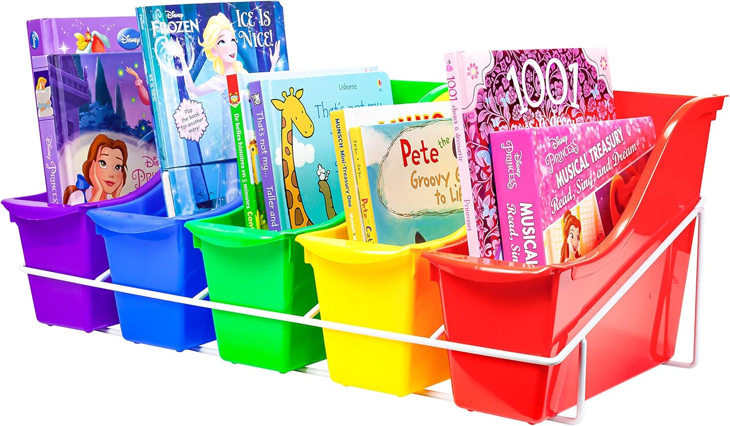 Storex Small Book Bins, Metal Shelf Rack Included, Assorted