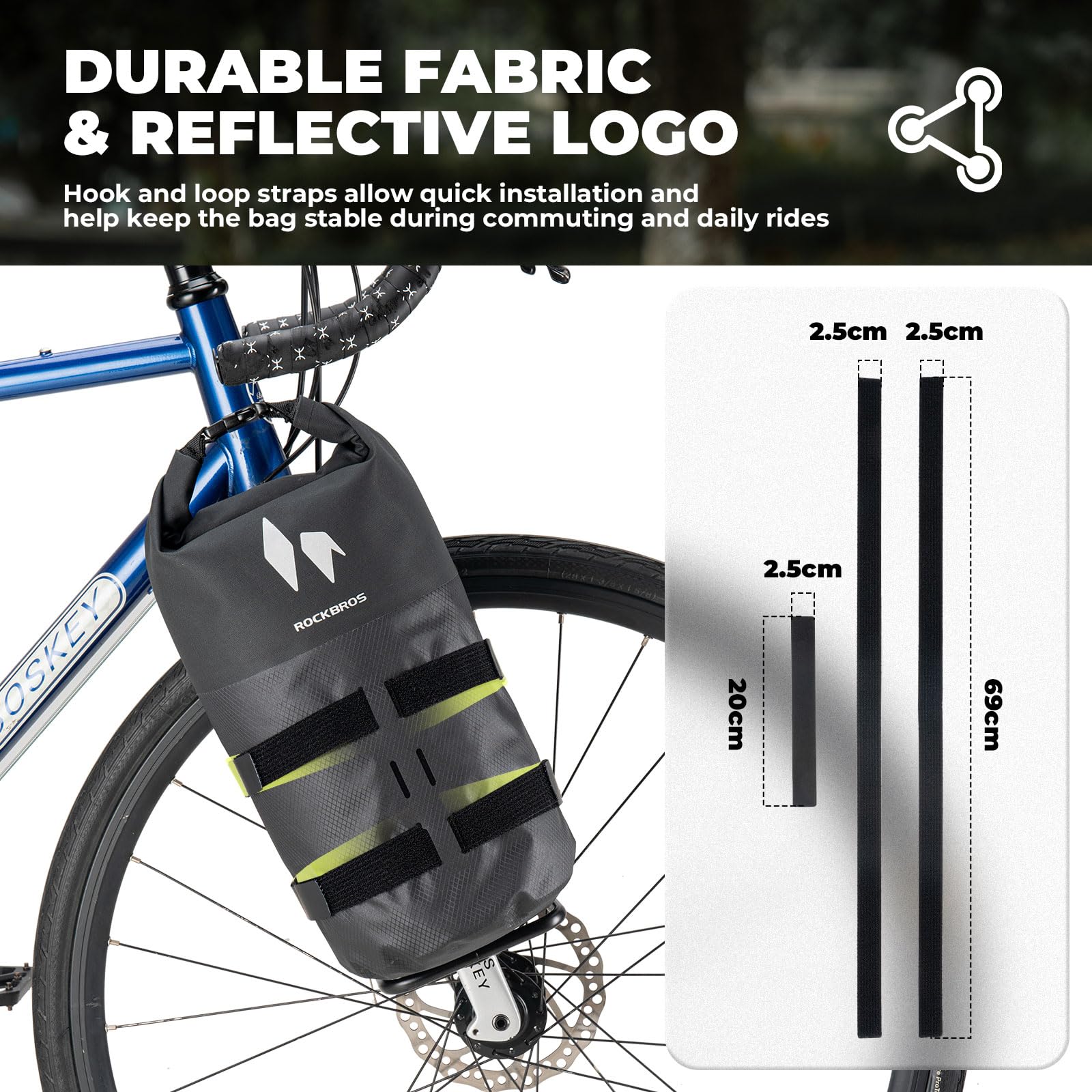 ROCKBROS Wodoodporna torba na widelec rowerowy do bikepackingu 7 l, przednia torba z zapięciem rolowanym, boczna torba na bagażnik do roweru szosowego, roweru gravelowego, roweru górskiego (MTB