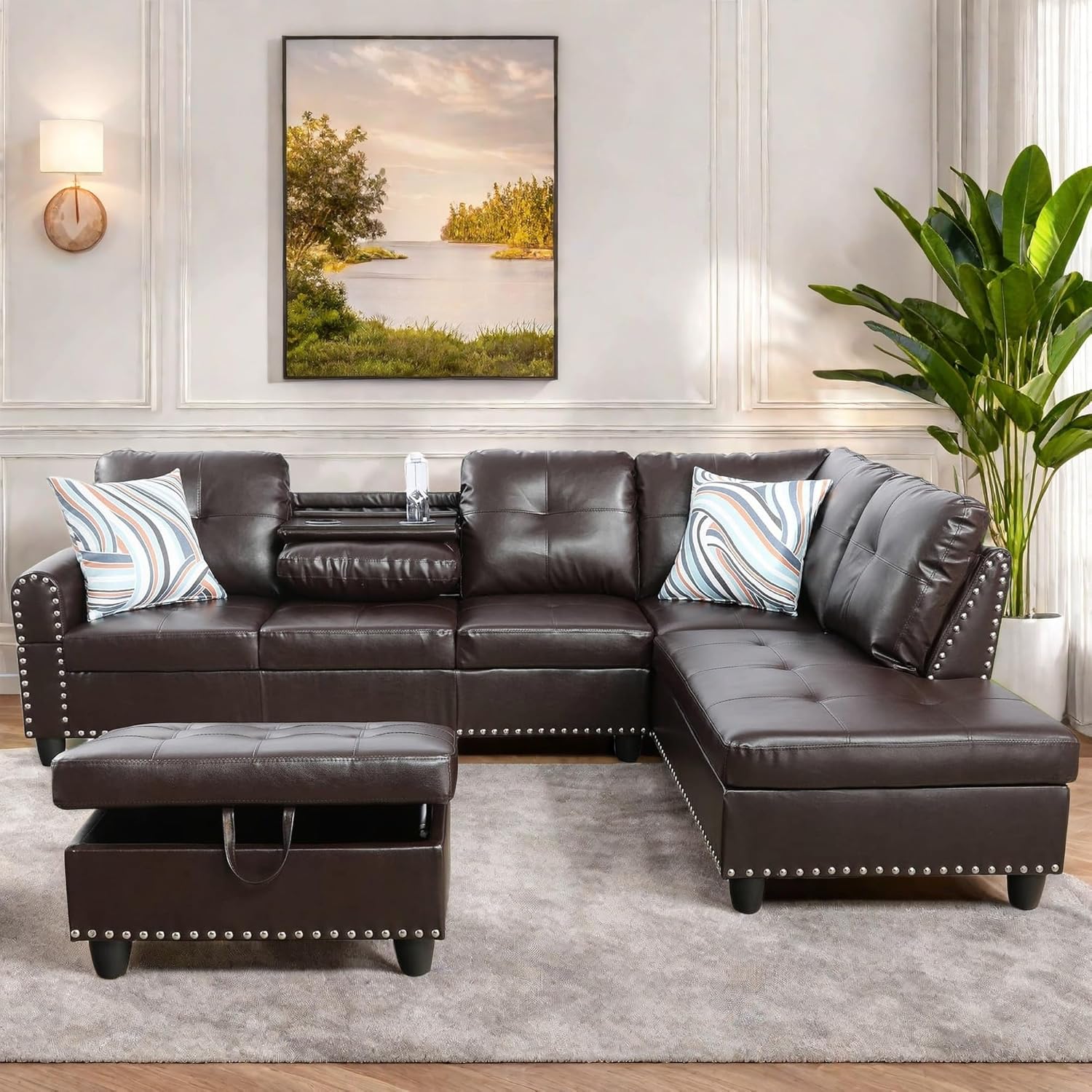 FONTOI Leather Sectional Couch with Otttoman, 97" L Shaped Couch Sectional Sofa for Living Room, Modern Modular Couches with Cup Holders for Bedroom, Apartments, Brown