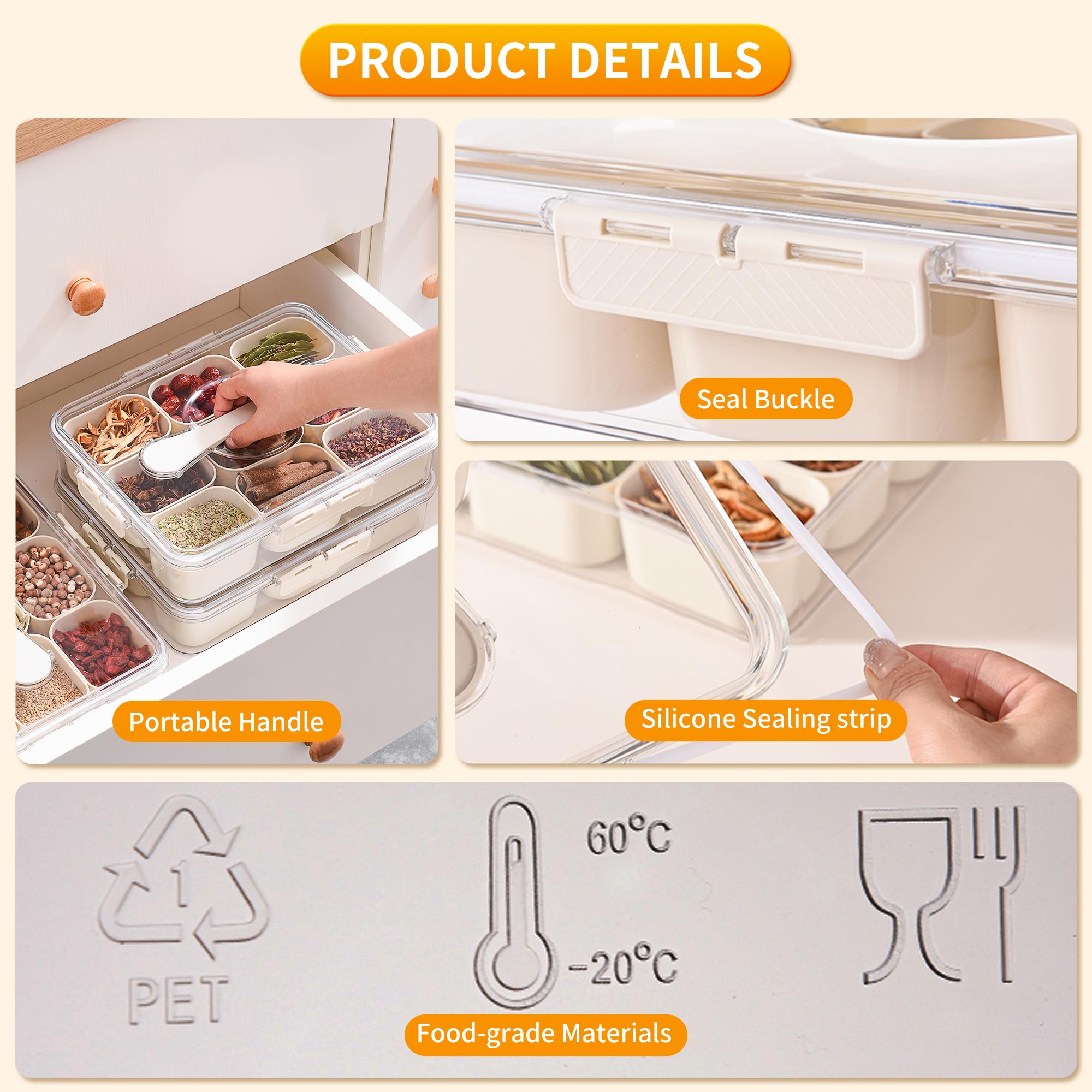 VIDONIO Bandeja dividida para servir con tapa y asa, organizador portátil de 9 compartimentos, caja de conservación fresca para caramelos, frutas, frutos secos, especias, charcutería, contenedor para