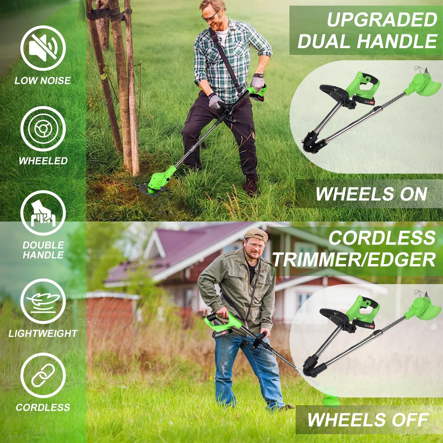 Coupe Bordure sans Fil avec Batterie, Debroussailleuse Electrique sans Fil, (2 Batteries de 2,0 A et Chargeur Rapide) Coupe Bordure, Débroussailleuse, avec 3 Types de Lames pour Jardin, Cour