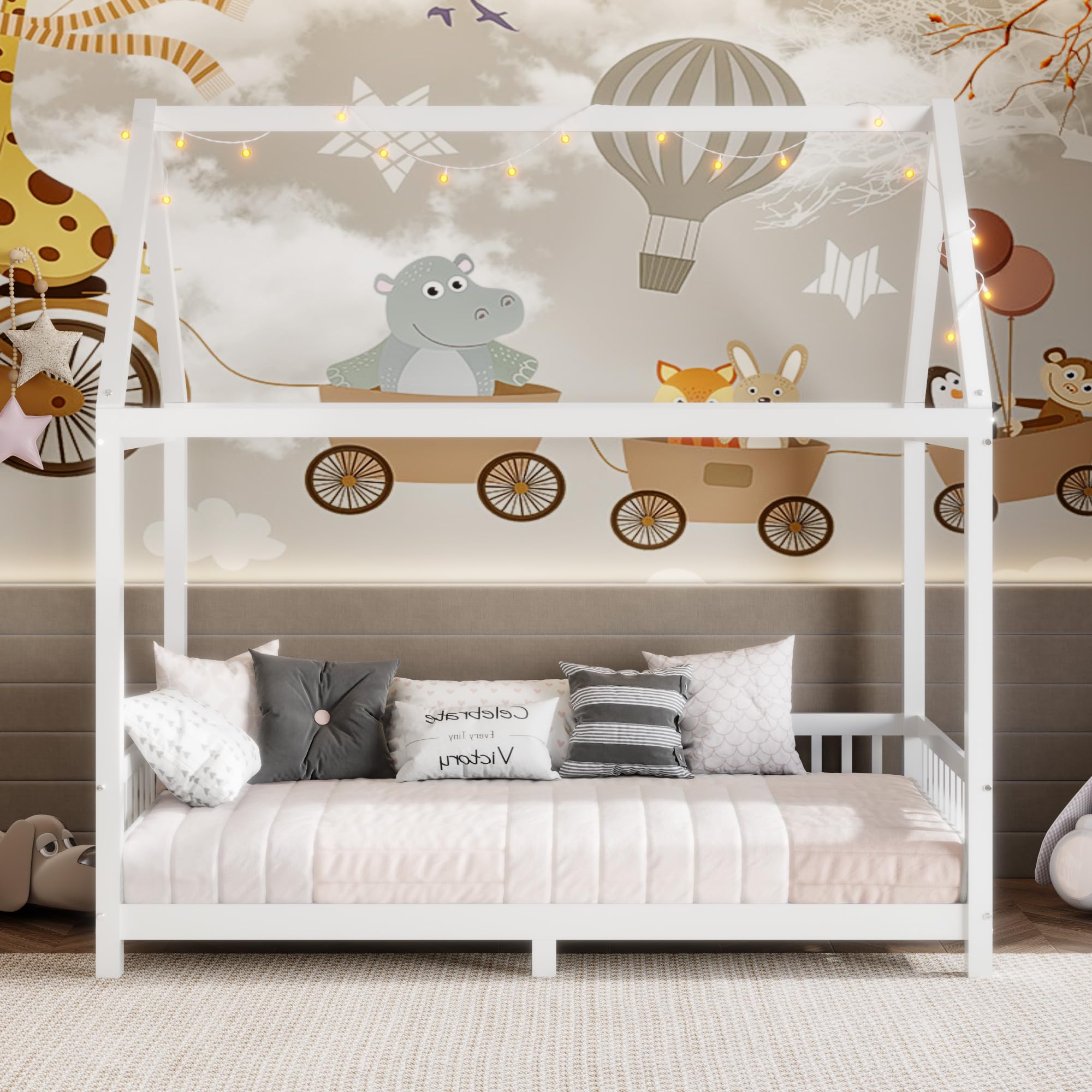 Anwick Twin Size Wood House Bed Frame with Guardrail and LED, Montessori Floor Bed with Fence and Roof, No Box Spring Needed (Twin)