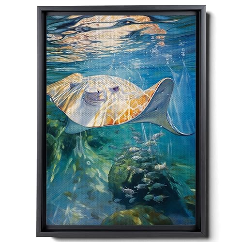 Nautical Print on Canvas for Wall Decor, Ocean Fish Manta Ray Canvas Wall Art, Beach Print for Wall Hang, Turquoise Coastal Pictures Wall Decor,