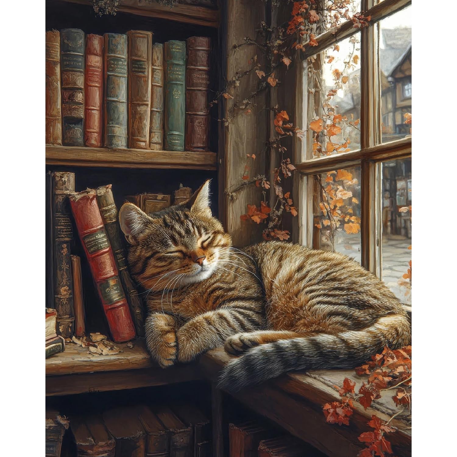 Sleeping Cat Paint by Numbers Kit for Adults - Bookshelf Paint by Numbers for Adults Beginner, DIY Acrylic EasyPainting by Number on Canvas Home Wall Decor 16”W x 20”L