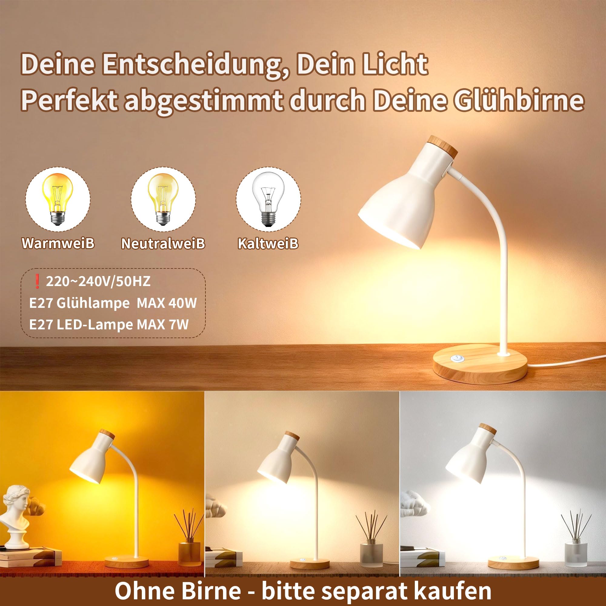 Schreibtischlampe Holz Weiß – Verstellbare Tischlampe mit flexiblem Arm & stabilem Holzfuß – Ideal als Nachttischlampe, Leselampe oder Deko-Licht für Schlafzimmer, Wohnzimmer & Büro (White, 1 Pack)