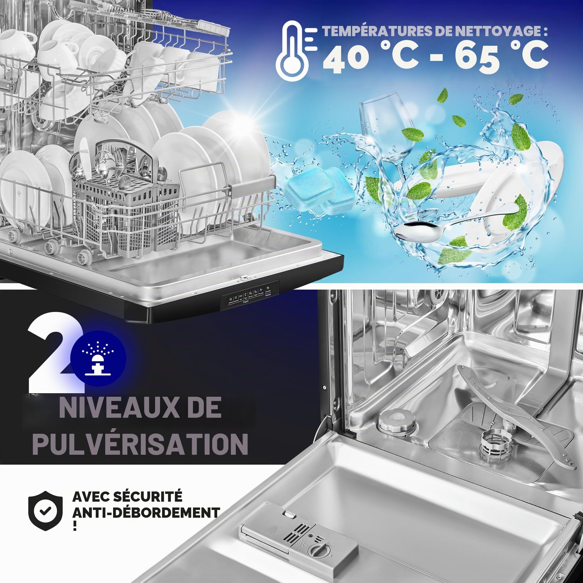 Bomann GSP 7419 Lave-vaisselle 60 cm, 14 places, sur pied ou sous comptoir, 7 programmes et 2 niveaux de pulvérisation, lave-vaisselle avec présélection de démarrage, lave-vaisselle encastrable, noir
