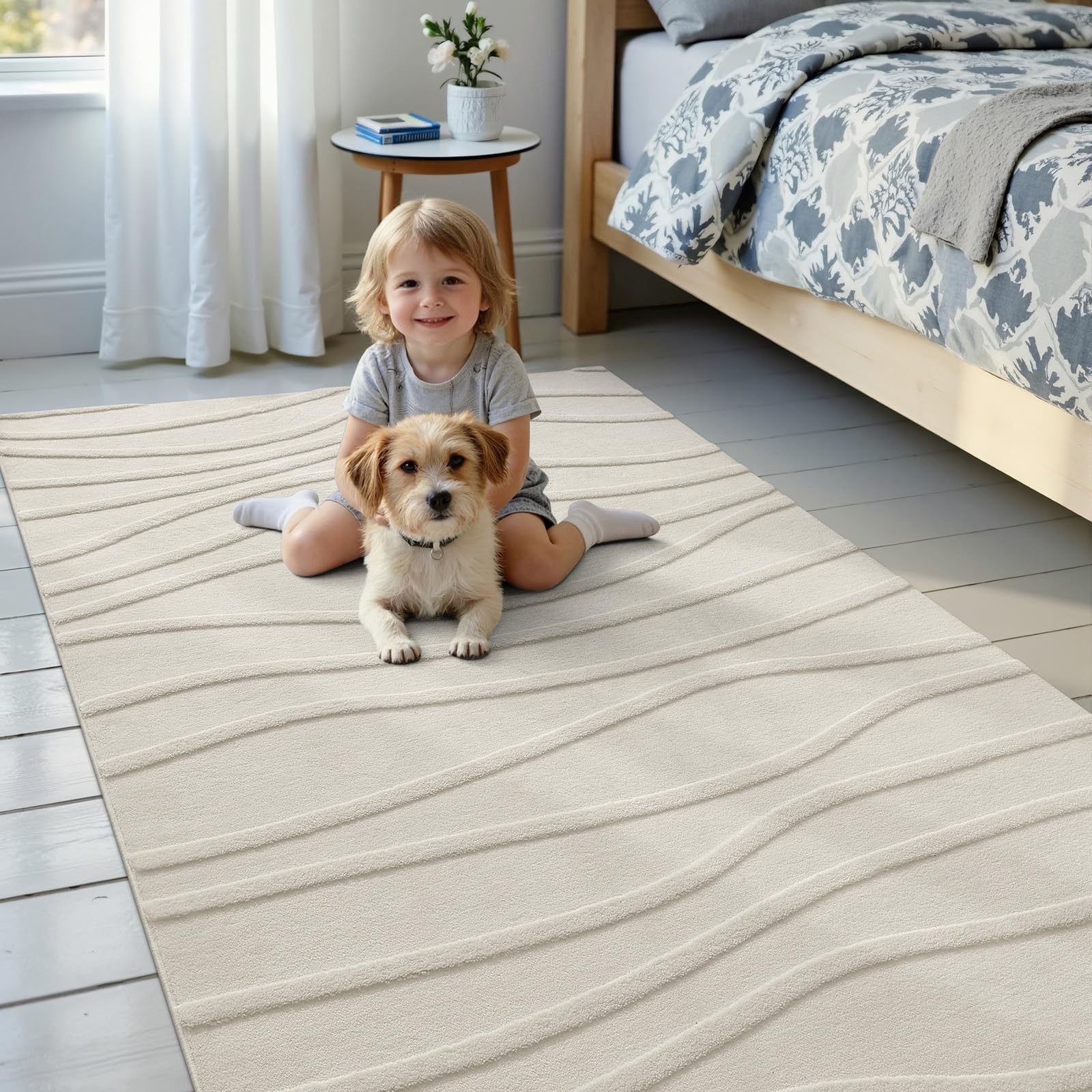 Homaxy Teppich Wohnzimmer 160 x 220 cm, Creme Beige | Rutschfest und Waschbar, Weicher Plüsch mit Wellenmuster, Kurzflor, für Schlafzimmer, Kinder- und Haustierfreundlich