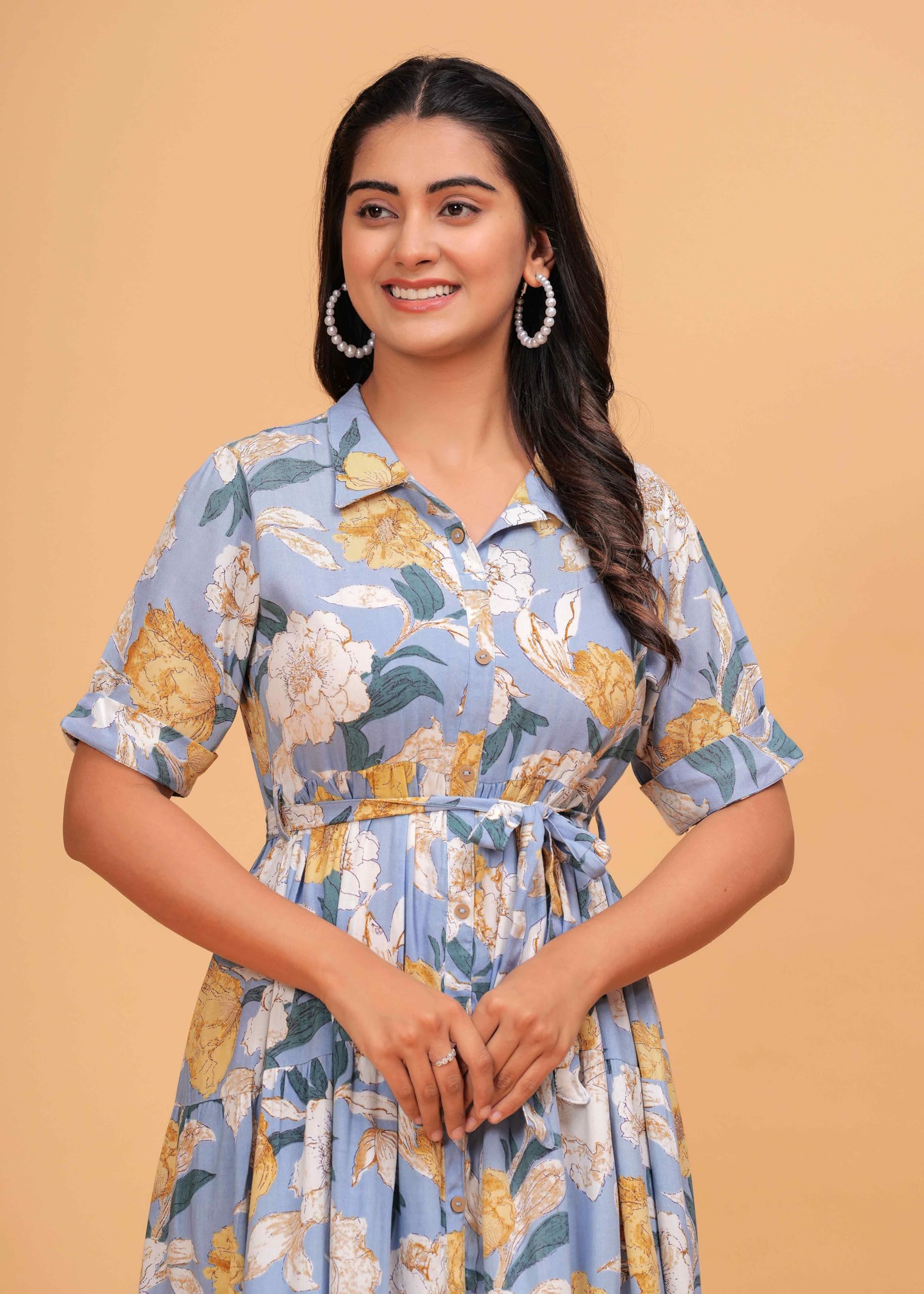 Jikonet Women's Western Dress Floral Printed Cotton Maxi Dress, (Xxx-Large, Light Blue)