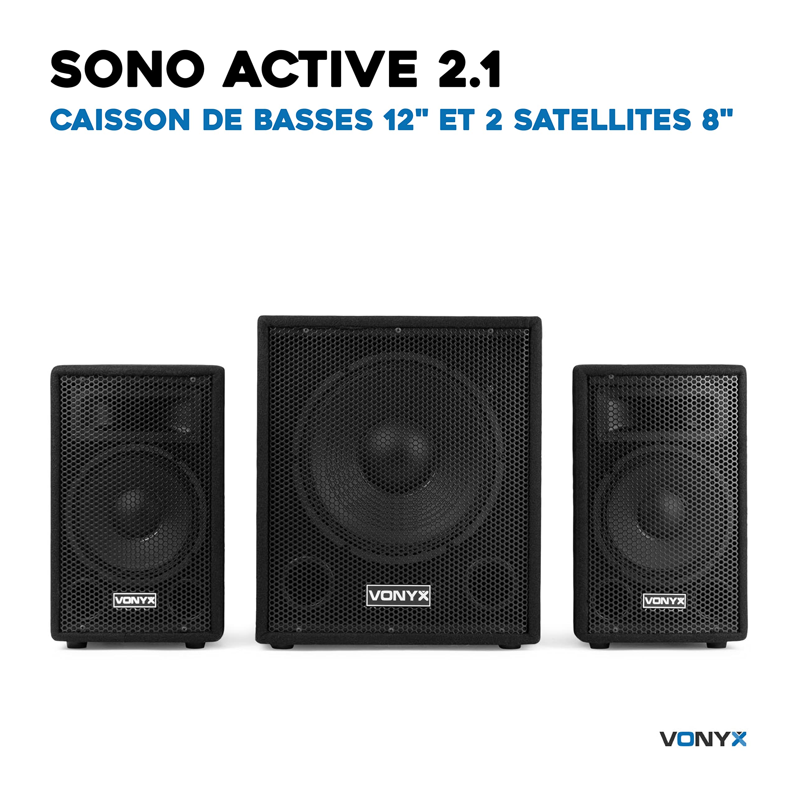 VONYX VX0812BT Pack Sono DJ Actif 2.1-800W, 8Ohm, avec Bluetooth, Subwoofer 12 Pouces, 2 Enceintes 8 Pouces, Égaliseur de Son, Lecteur MP3 USB/SD, Idéal pour Vos Soirées et Vos Évènements