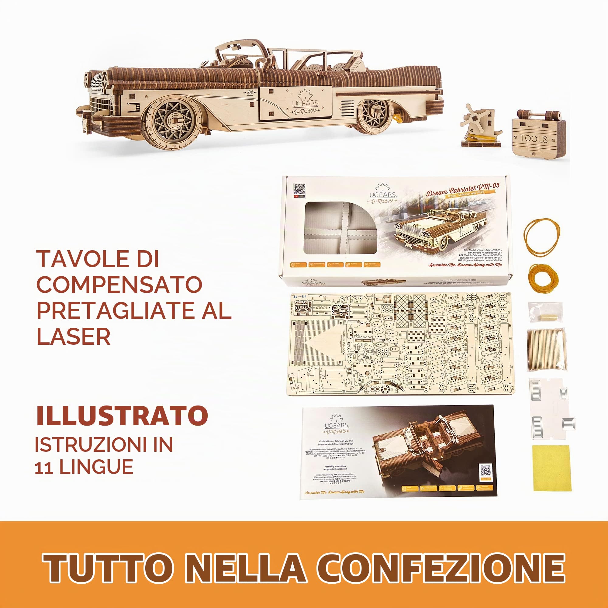 UGEARS Dream Cabriolet - Regalo per la festa del papà Puzzle 3D per adulti Modelli meccanici Puzzle in legno Rompicapo Kit di costruzione artigianale per adulti Puzzle fai-da-te Apprendimento