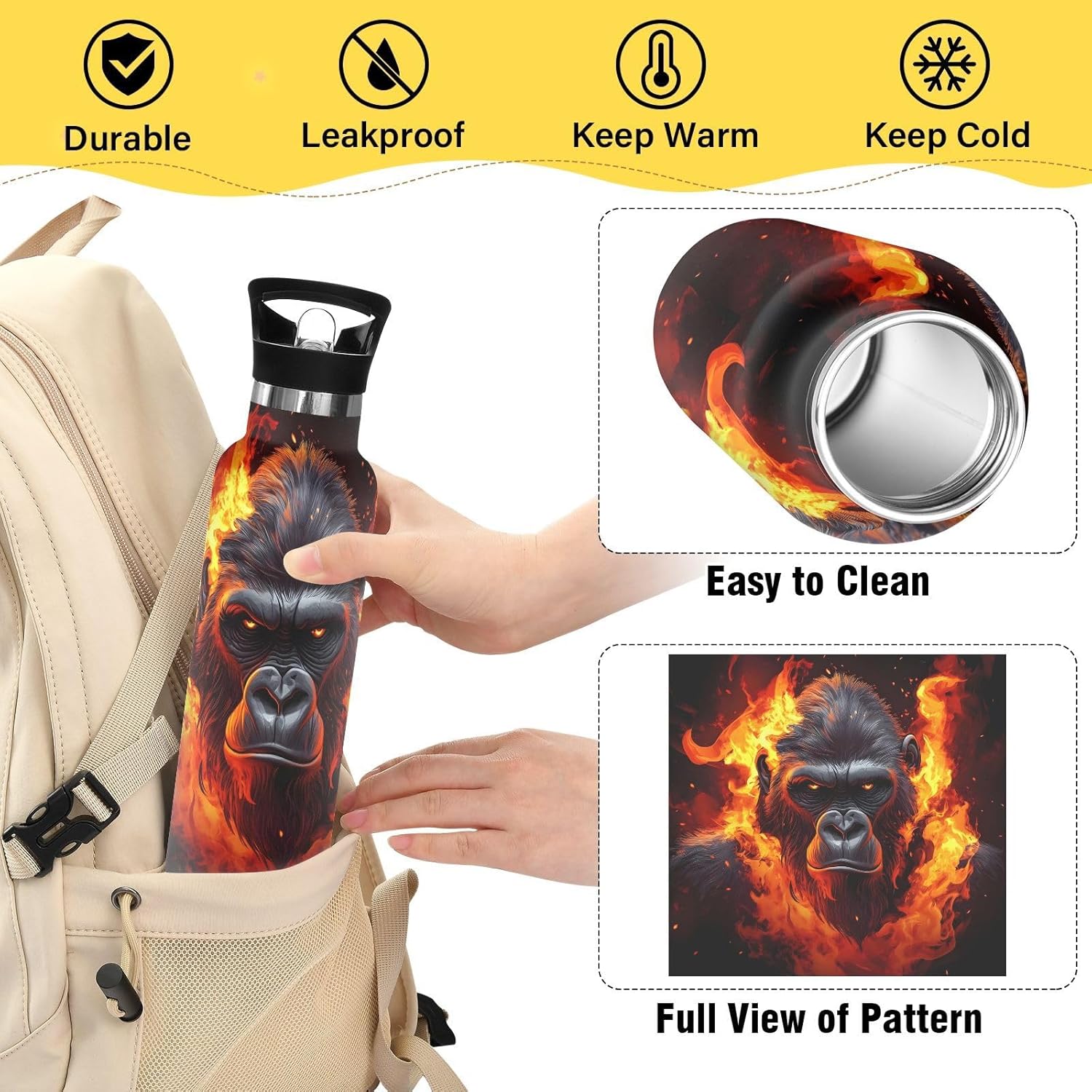 Fierce Gorilla King Kong Water Bottles for Boys Kids Stainless Steel Thermos Bottle Cups with Straw Lid Leakproof Insulated Flask Jug 20 oz - Image 3