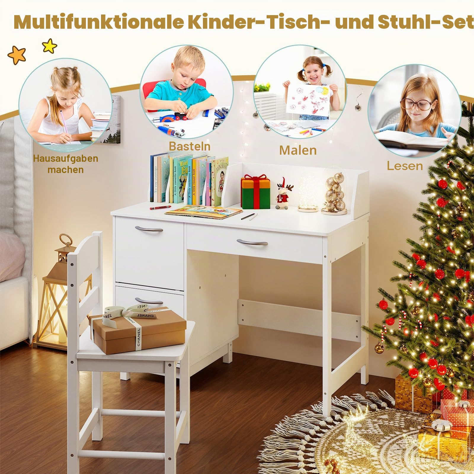 LIFEZEAL Kinder Schreibtisch und Stuhl, Schülerschreibtisch mit Schublade & 2 Aufbewahrungsschrank, Lerntisch Jungendschreibtisch Set für Kinderzimmer Jugend Mädchen (Schwarz) (Weiß)