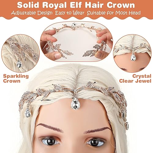 Miniatura 4 de Conjunto de cosplay de elfo de Halloween, peluca larga rubia trenzada para mujer, con corona de hojas de cristal y orejas de elfo de hada para