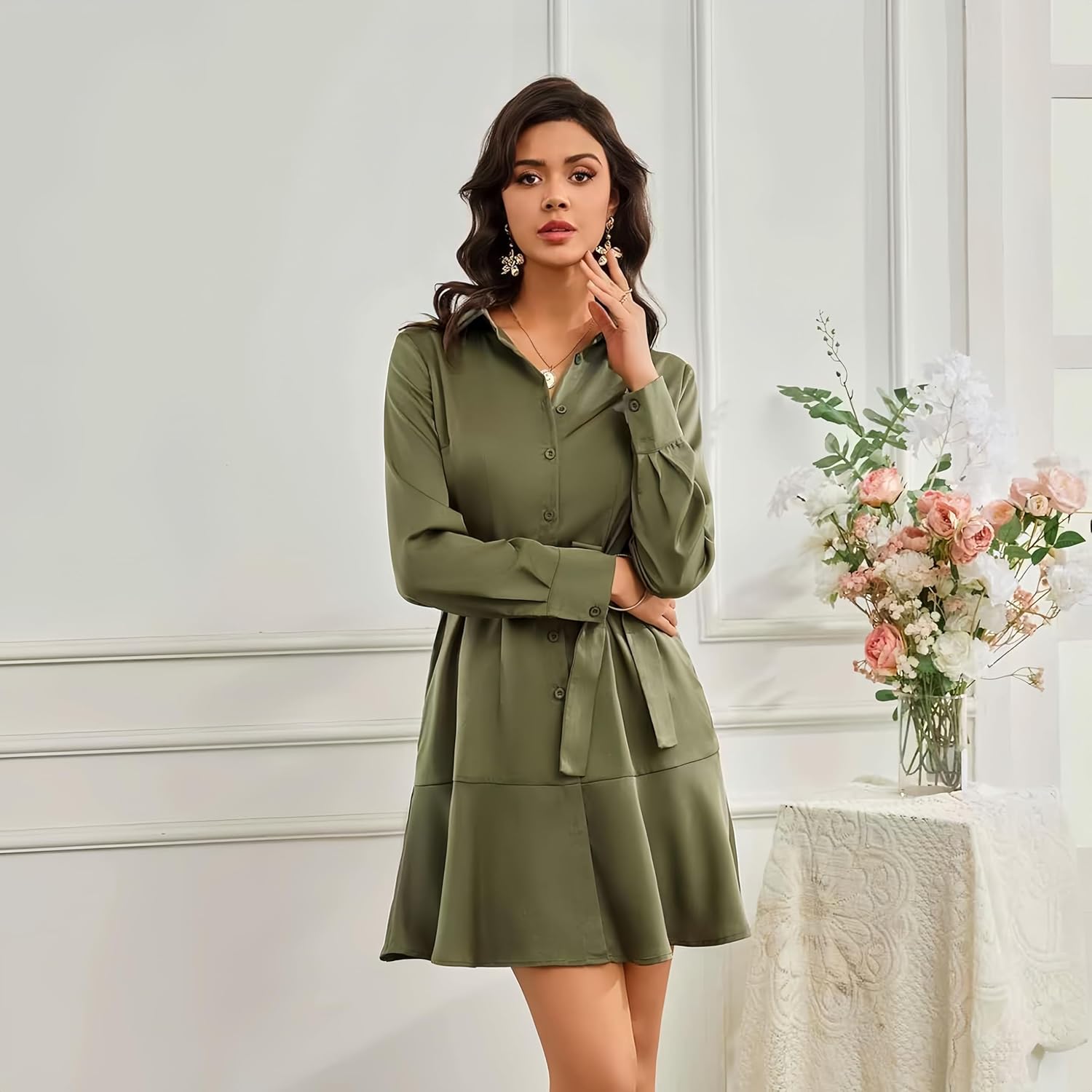 Women's Long Sleeve Button Up Midi Belt Shift Collar Dress with Pockets for Work Office Business - Image 3