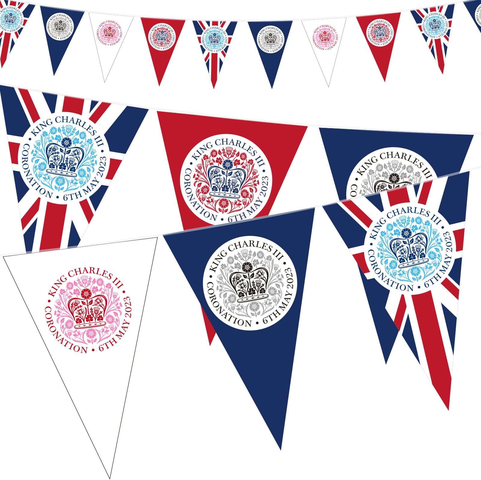 20Pcs Coronation Bunting for Charles III, King Charles Bunting with Official Coronation Logo, Triangle Fabric Union Jack Bunting Decorations for Indoor Outdoor 10M