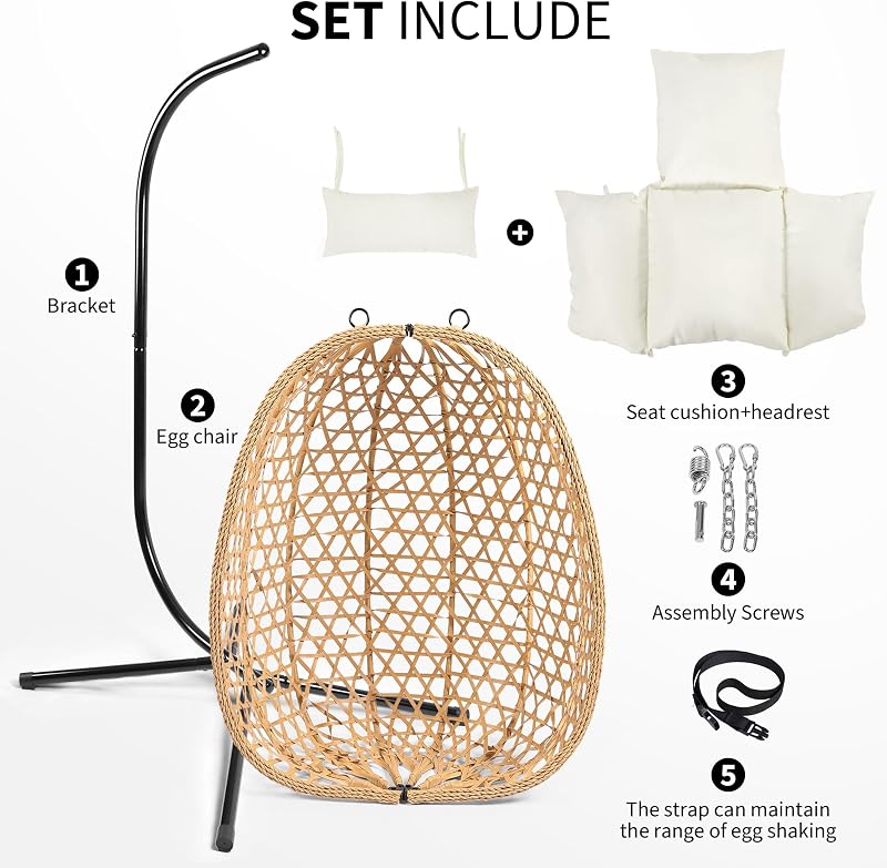LEX CRAFT Egg Chair with Stand, Patio Wicker Hanging Chair, Hammock Swing Chair, 350LBS Capacity for Bedroom, Balcony, Garden (YE-BE) image 3
