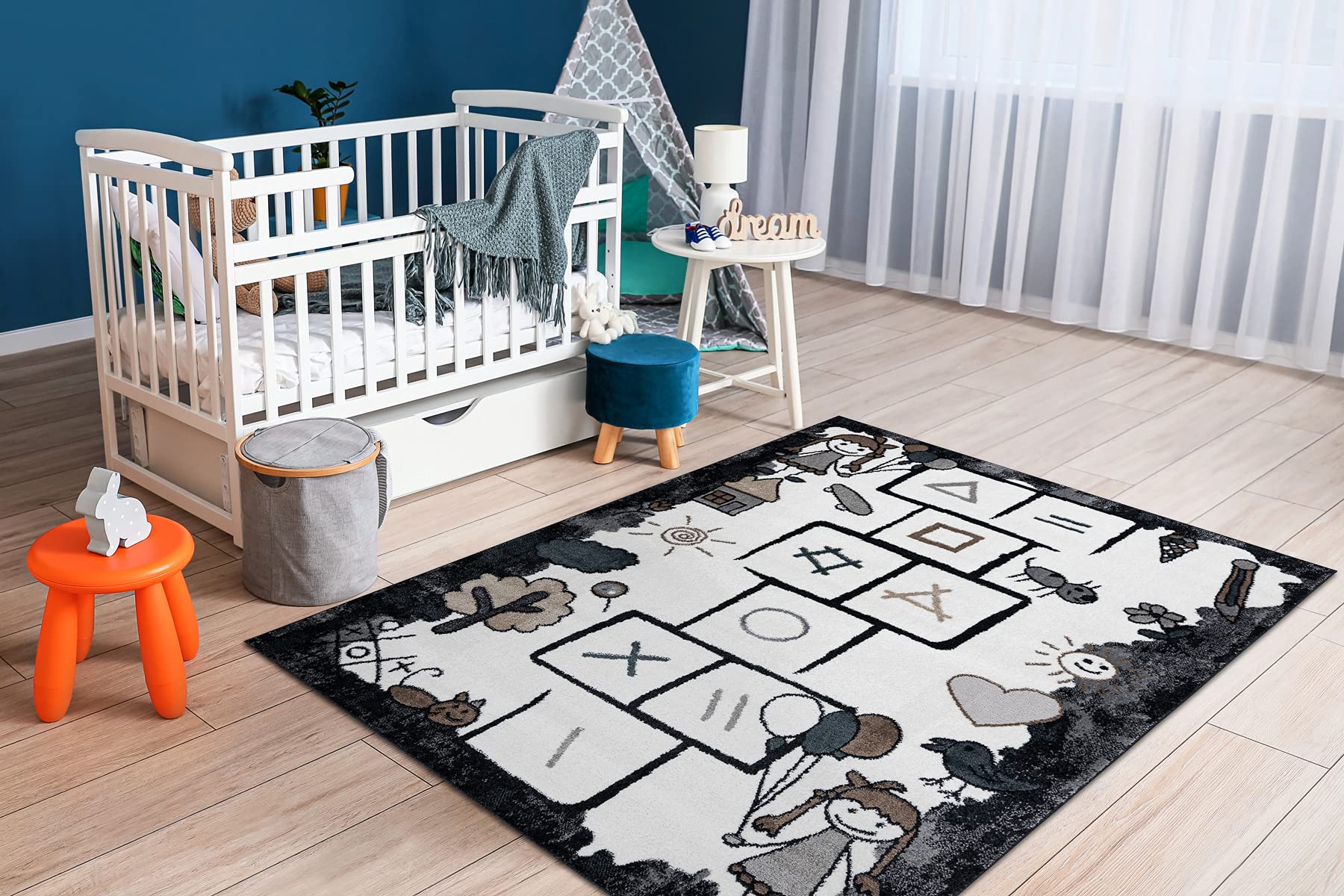 rugsx Tapis pour Enfants Fun Hop Moderne, pour Chambre d'enfant, d'adolescent, Design Original, la marelle, Animaux Noir 120x170 cm