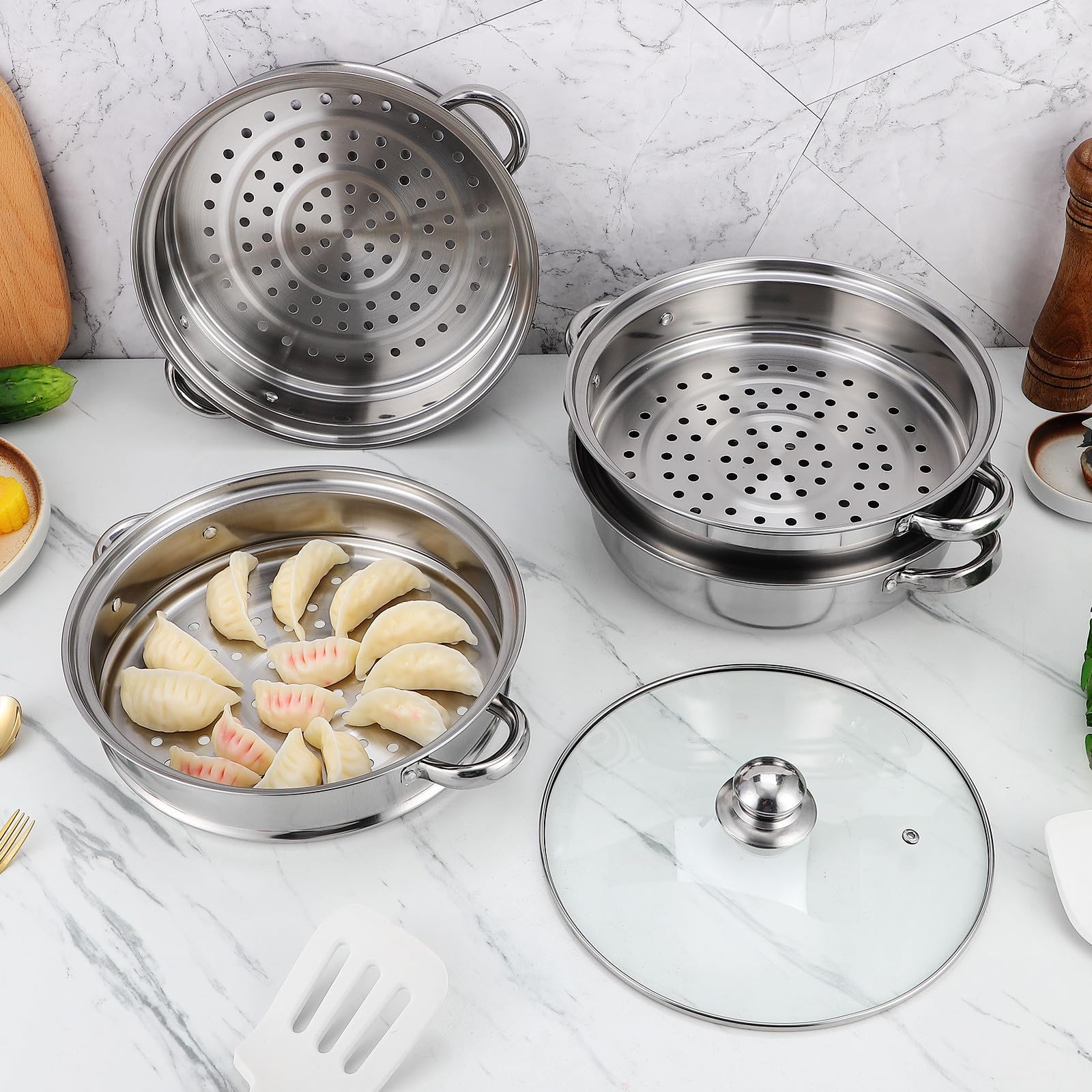 Gadpiparty Olla vaporera de acero inoxidable para sopa, vaporera grande de cuatro capas, fondo grueso, para cocinar verduras, mariscos, guisos y preparación de sopas