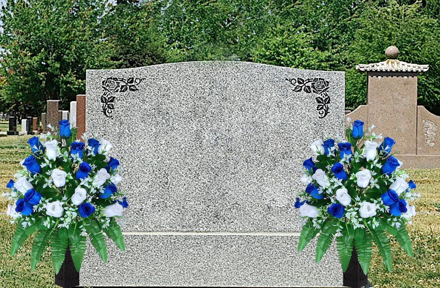 Artificial Cemetery Flowers, Gravesite Decoration Roses, Memorial Bouquets with Cemetery Vase, Vibrant and Long-Lasting Colors (Dark Blue+White, 2 Bundles) - Image 2