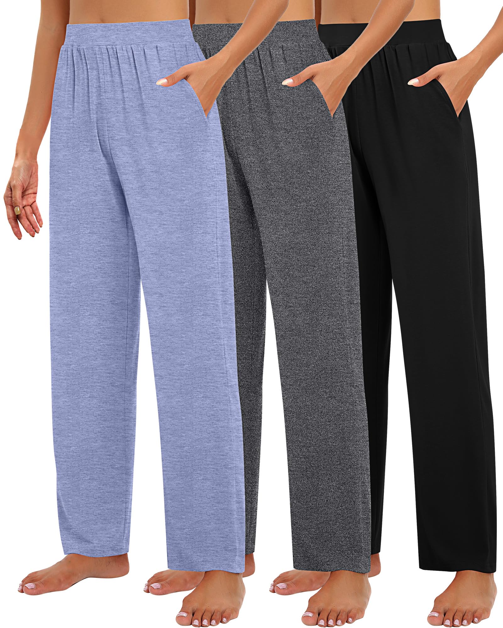Huukeay 3 Pack Women's Lounge Pants, Cozy Wide Leg Lounge Slacks with Pockets Loose Flowy Yoga Sweatpant Workout Comfy Jogger