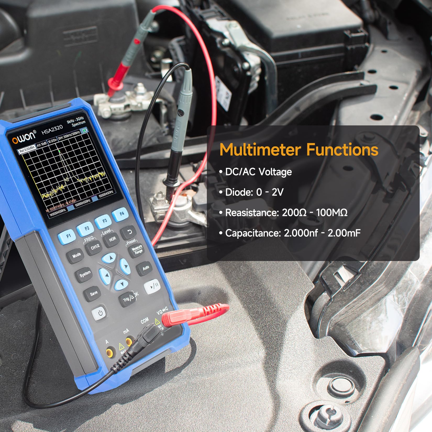 OWON Handheld-Spektrumanalysator mit Oszilloskop und Multimetern, Frequenzbereich 9 kHz bis 3 GHz, mit 3,5-Zoll-LCD-Bildschirmanzeige, 200 MHz Bandbreite, HSA2320