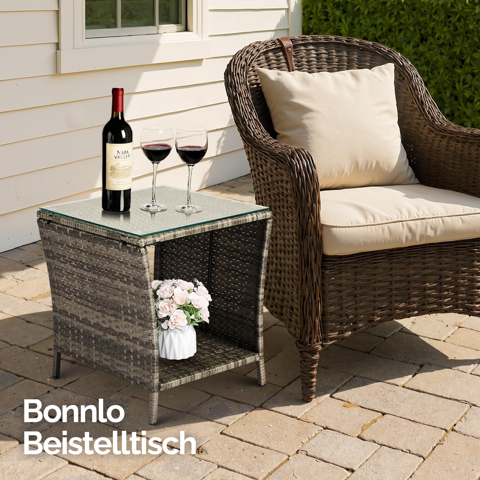 Bonnlo Rattan Beistelltisch mit Glasplatte, Balkonmöbel Grau, Gartenmöbel klein, Balkontisch Outdoor wetterfest, 46x46x50 cm