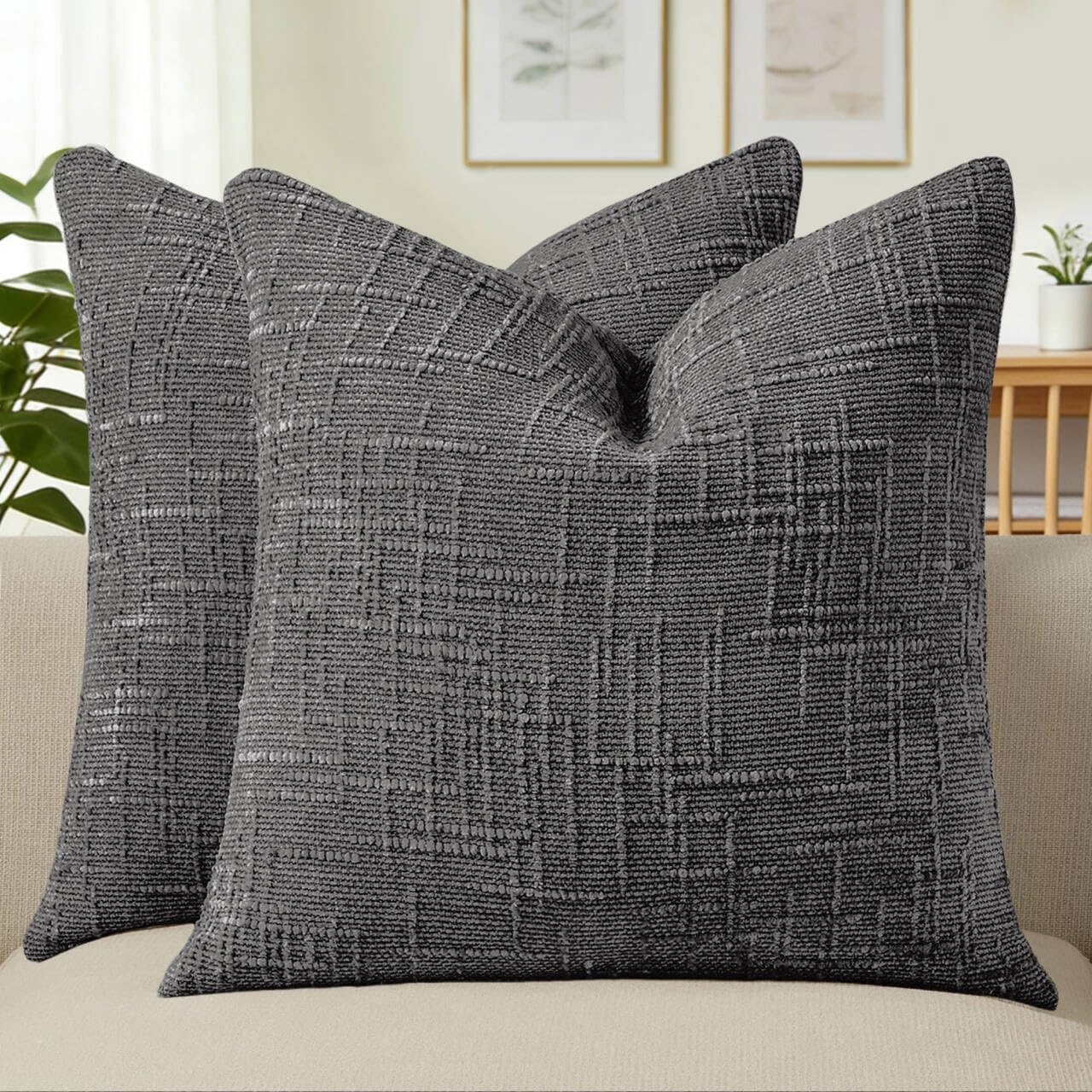 Allorry Decorative Couch Throw Pillow Covers 24x24 Set of 2 Dark Gray Soft Chenille Pillow Covers Neutral Textured Boho Cushion Covers for Modern Farmhouse Sofa Bedroom Living Room Decor SY008-E24