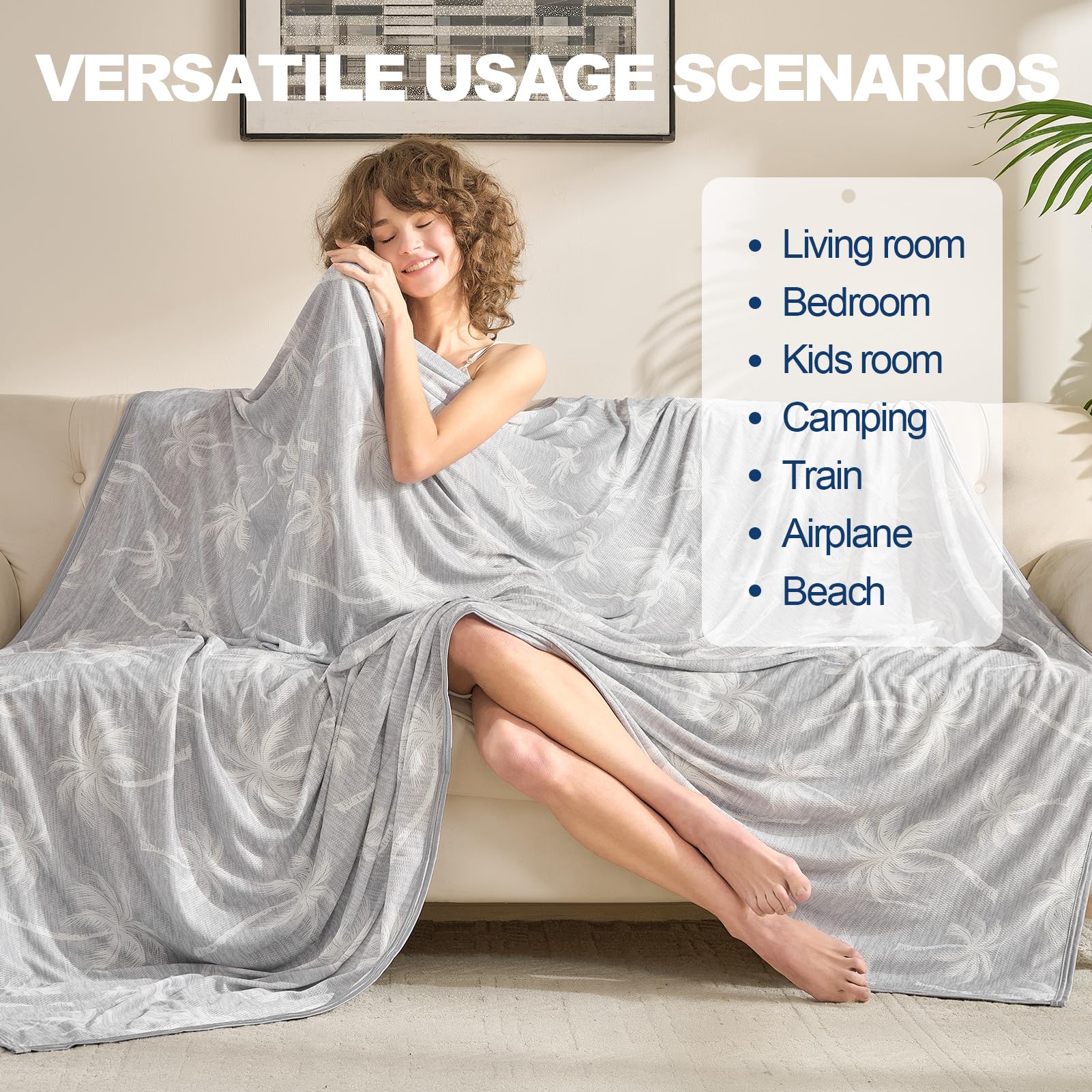 VK·LIVING Kühldecke 150x200cm Grau Doppelseitig Q-Max >0,5 Tropenmuster Atmungsaktiv Sommerdecke gegen Nachtschweiß