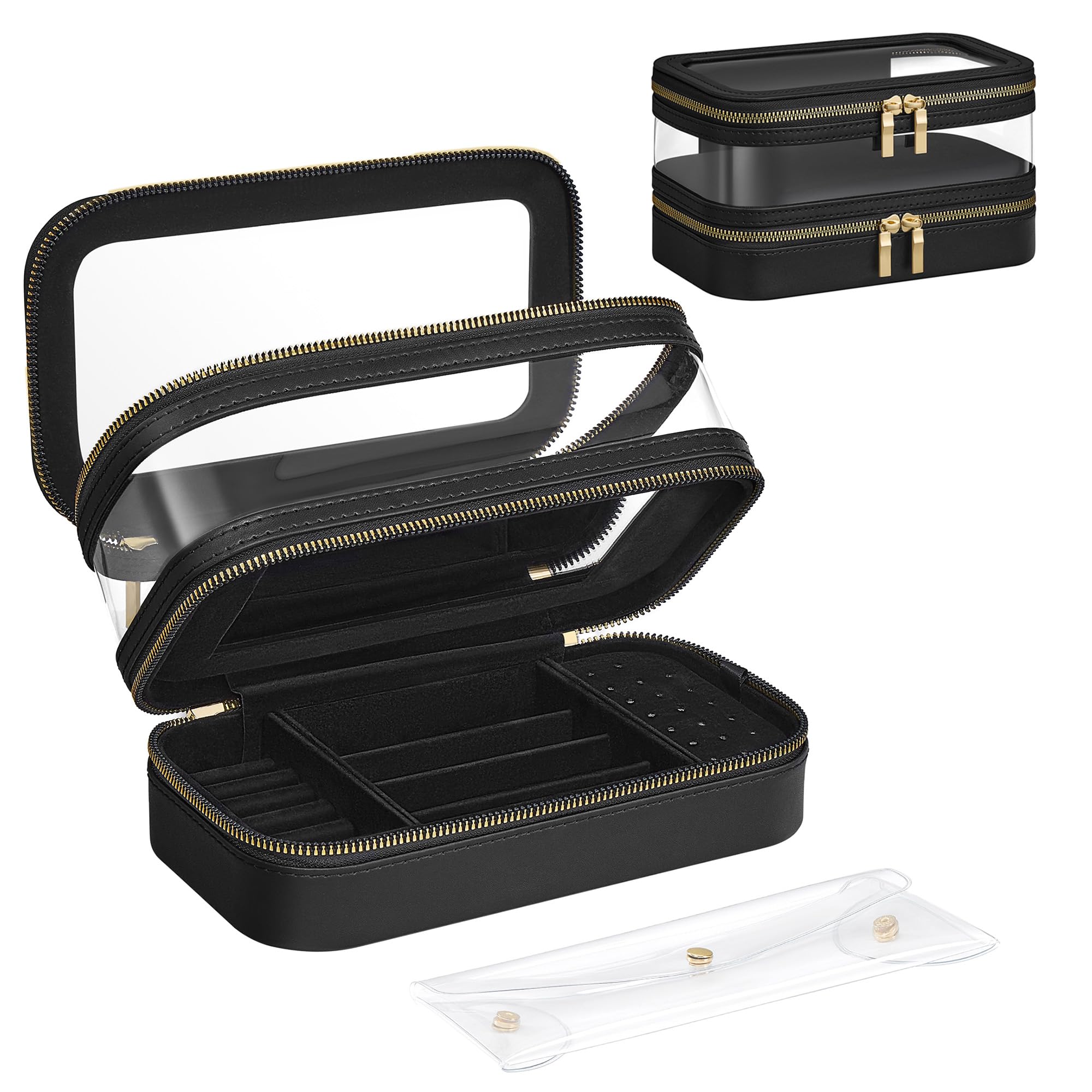 SONGMICS Jewellery Box with Makeup Bag, Travel Organiser, Portable Case with Separate Brush Bag, Transparent Window, Mirror, 22 x 12 x 12 cm, Ink BlackThe Forest Stewardship Council