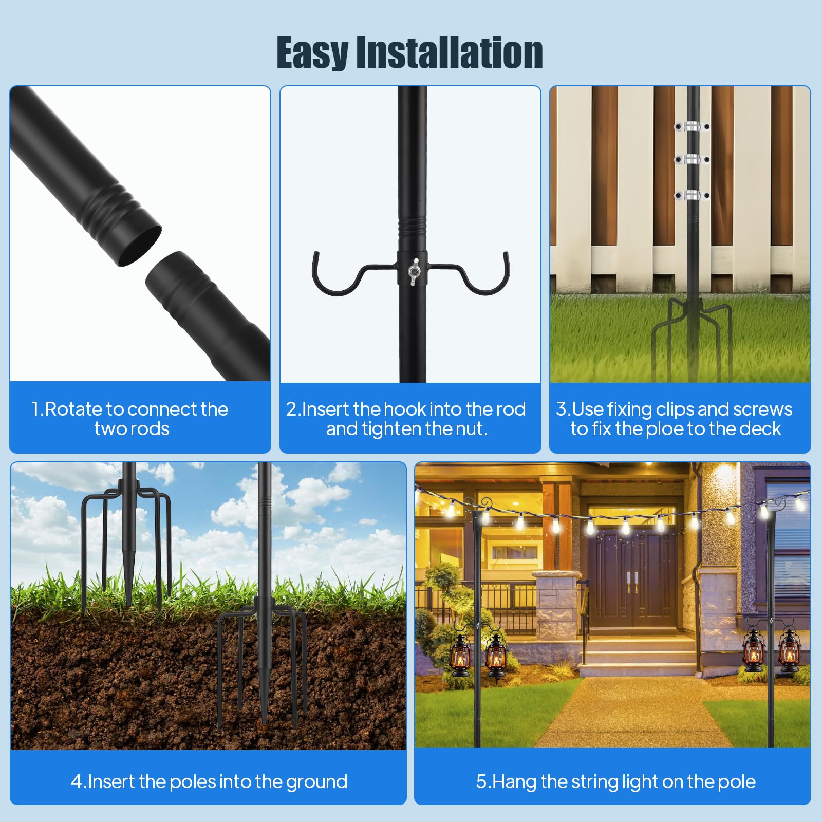 Juego de 2 Postes para Luces de Cadenita 2.7m, con 2 Ganchos en S por Poste, Acero al Carbono para Exterior, Jardín, Terraza, Fiestas, Navidad - Incl. Soportes y Tornillos