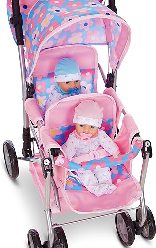 Miniatura 4 de Cochecito doble de muñeca de bebé, carrito de juguete para niñas, niños y niños pequeños de 27 pulgadas de alto, ruedas giratorias, cesta de