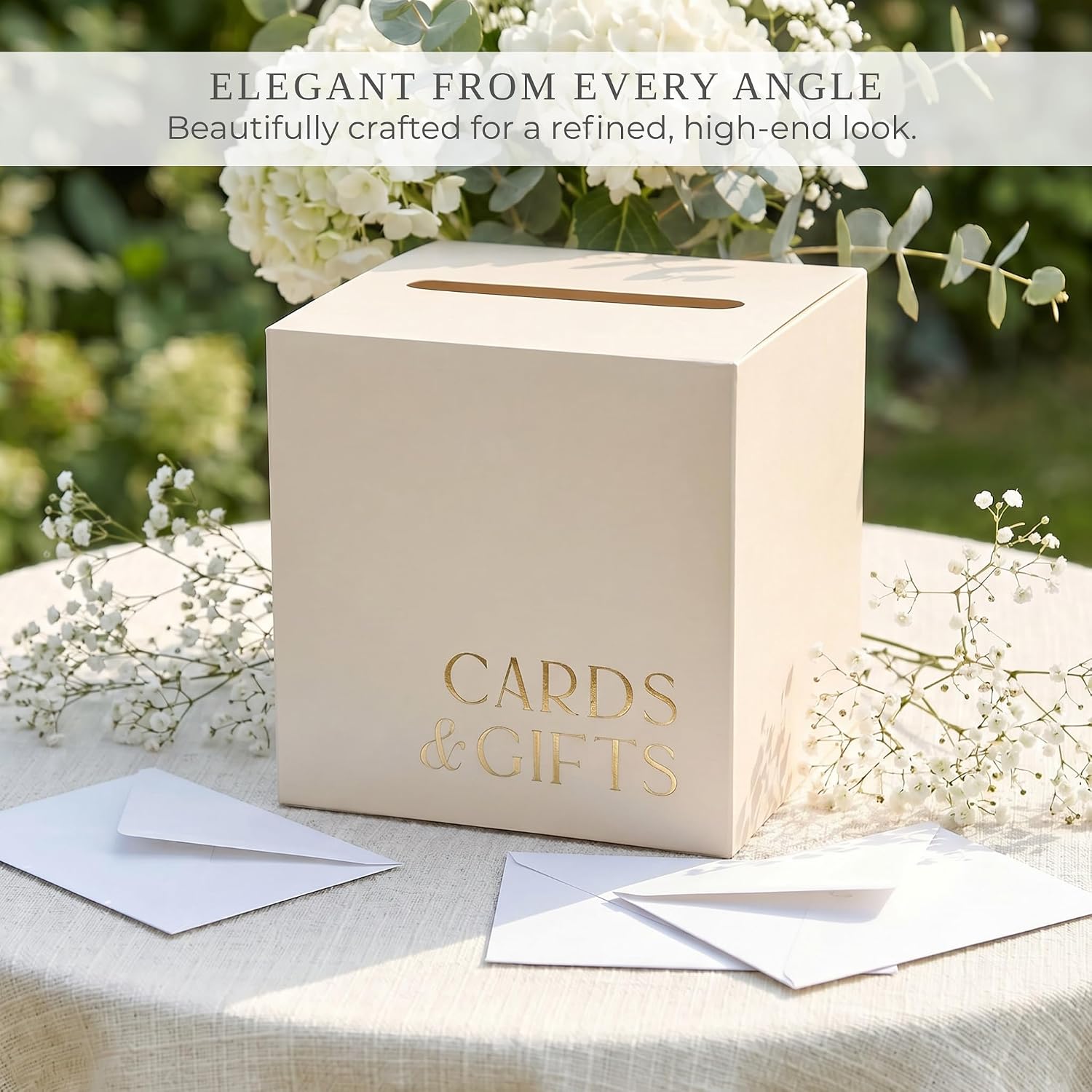 Elegant Wedding Card Box - Beige Gift Card Holder w/ Gold Foil that Matches Perfectly with Your Wedding Reception & Decorations - Sturdy & Easy to Assemble for Bridal Shower, Anniversary & Graduations