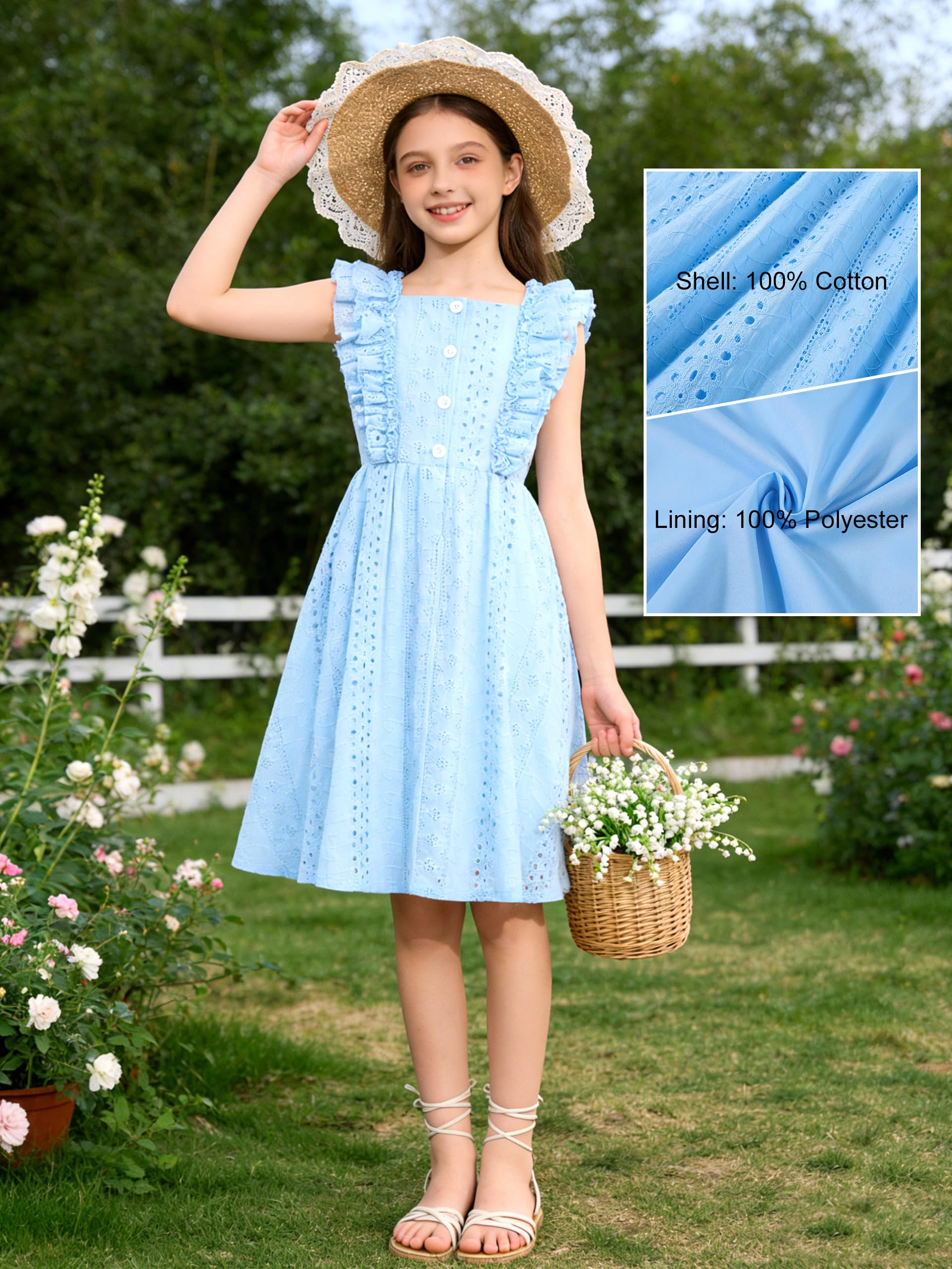 Rolanko Vestido con Mangas con Volantes para Niñas, Vestido de Verano Fluido de Corte A con Escote Cuadrado y Botones