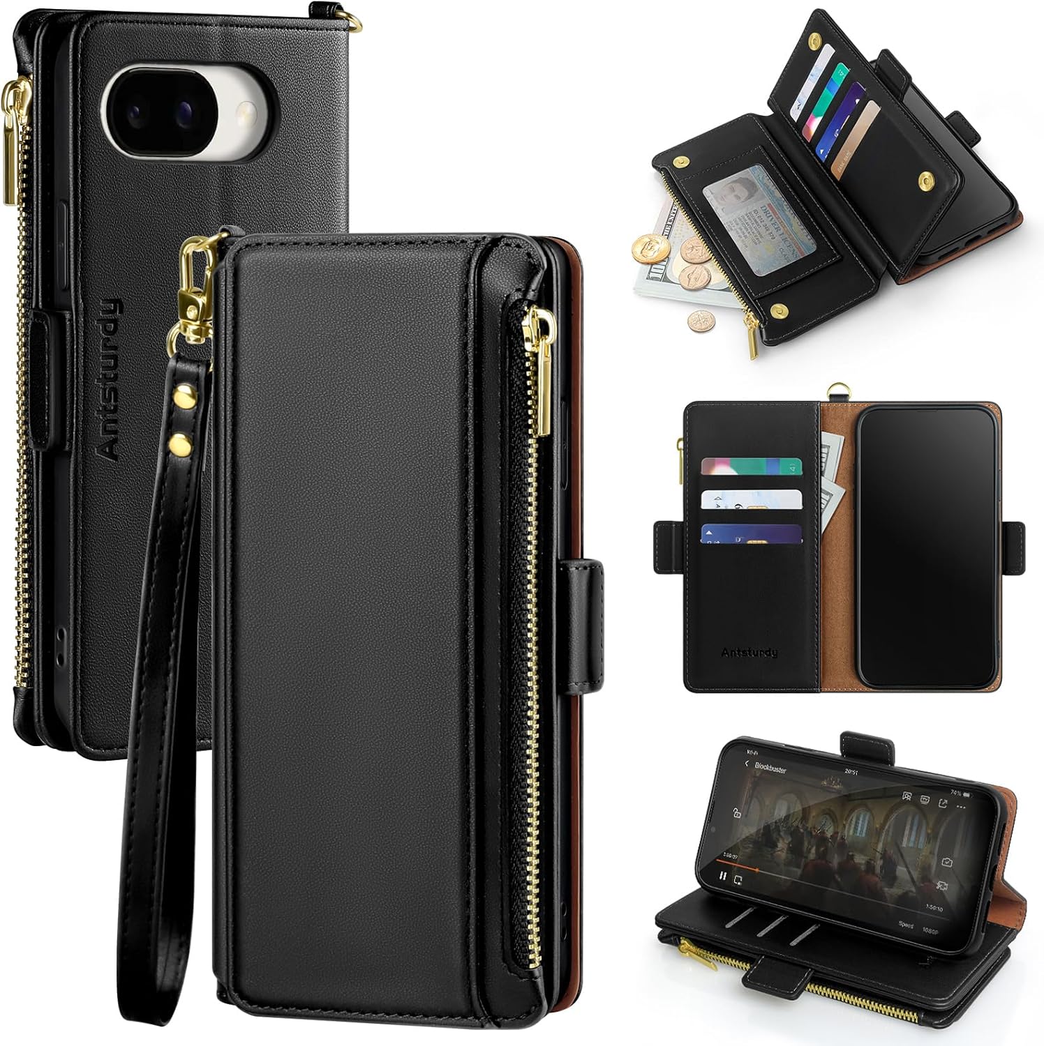 Antsturdy Compatible with Google Pixel 9a Wallet Case with Card Holder Women Men Phone Case RFID Blocking PU Leather Flip Protective Cover Wrist Strap Zipper Credit Card Slots,Light Brown