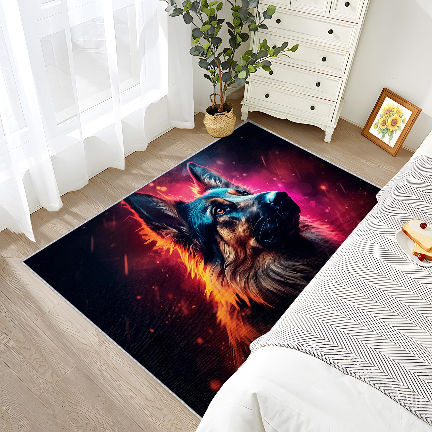 Deutscher Schäferhund Deko, Cool Hund Teppich 120x160 Kurzflor, Teppich Wohnzimmer Hundemotiv, Weich rutschfest Waschbare Teppiche, Bettvorleger Schlafzimmer Kinderzimmer