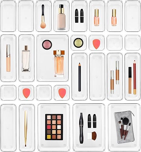 Ravinte Organizador de cajones de plástico, organizador de cajones de 4 tamaños, organizador de cajones de cocina con almohadillas antideslizantes,