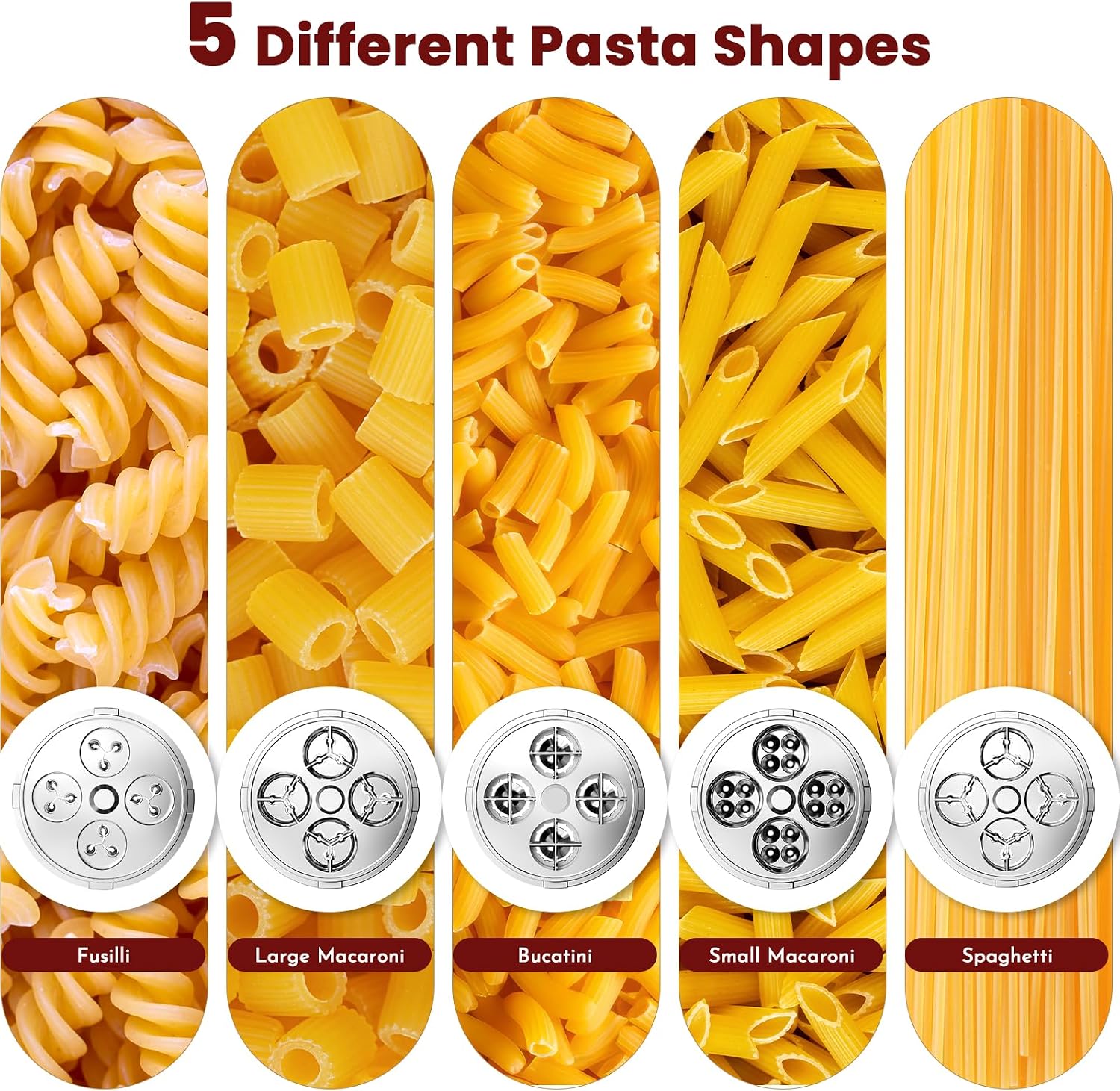 5-in-1 Pasta Press Attachment Compatible with All KitchenAid Stand Mixers, Pasta Maker Accessory with 5 Interchangeable Pasta Plates for Spaghetti, Bucatini, Fusilli, Large & Small Macaroni