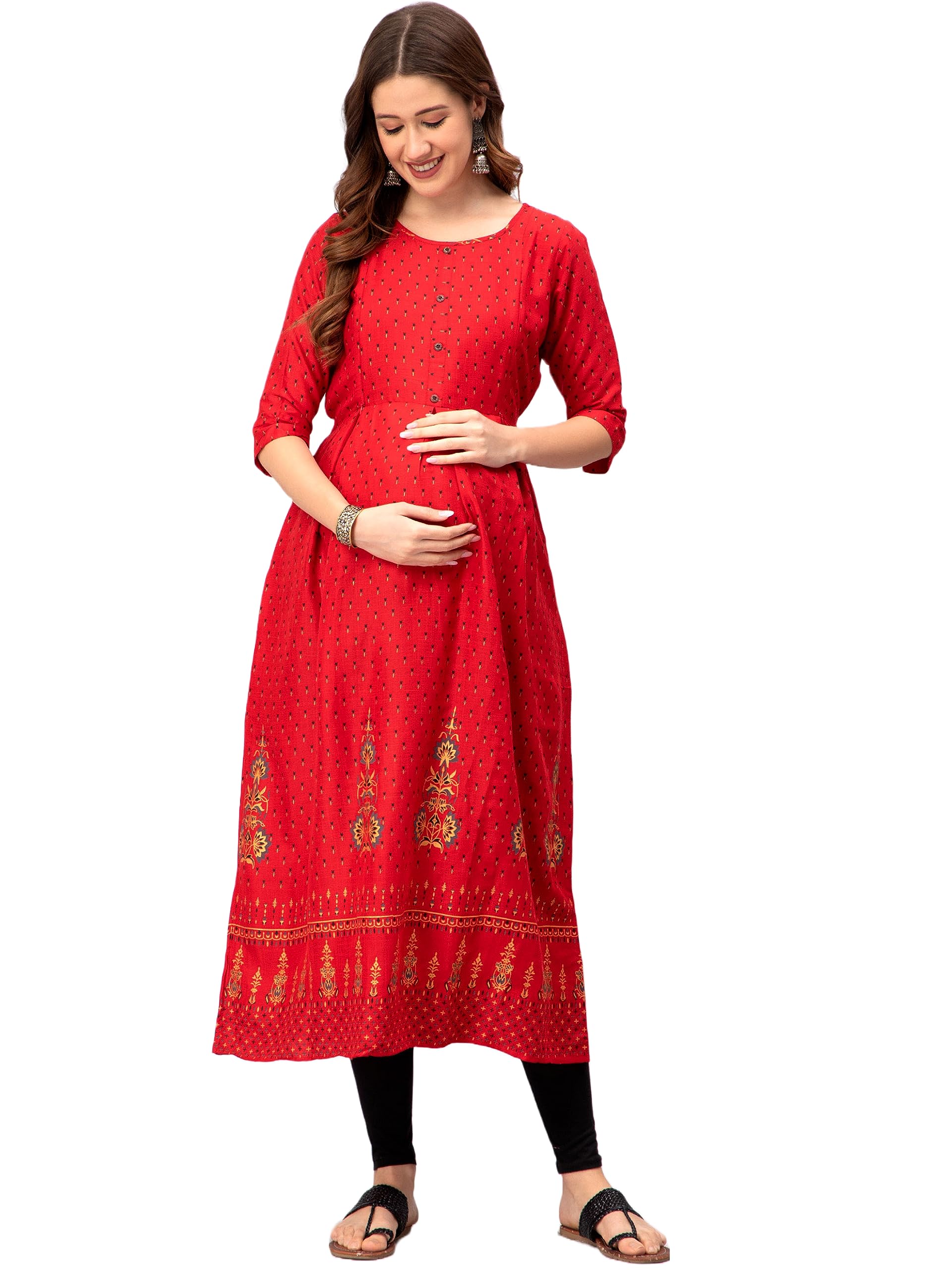 CEE 18 Women's Cotton Rayon Flaired Maternity Dress Feeding Kurti with Zippers(9894_36,Tomato Pink,S)