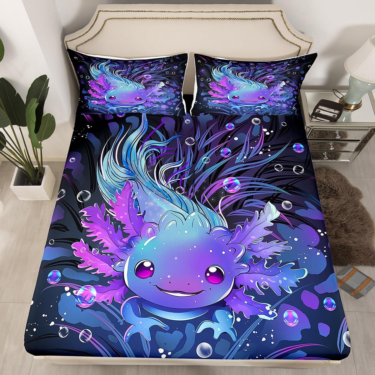 Feelyou Cute Axolotl Bed Sheets Set Boys Girls King Size Salamander Sheet Set for Kids Women Men Ultra Soft Reptile Animal Sheets with Deep Pocket Fitted Sheet Ocean Sealife Bedding Set Room Decor