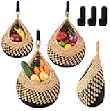 Honeydak Boho Decor Hanging Wall Baskets for Kitchen 3 Pack Teardrop Baskets with Hooks Storage Fruit Onion Vegetable Potato for Home 3 Sizes (Linen with Black,Cotton Rope)