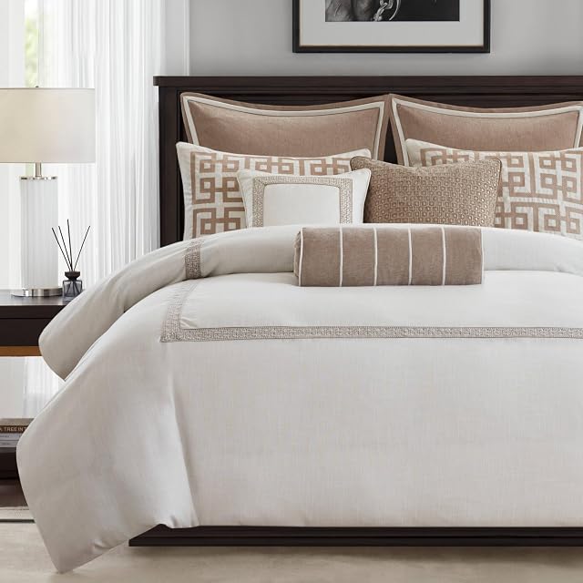 Madison Park Madison Park Signature Oversized King Comforter Set, Luxury Hotel Style Bedding with Embroidered Details, All Season Down Alternative Comforter, Matching Shams & Decorative Pillows, Ivory/Tan, 9 Piece, Ivory/Tan, King