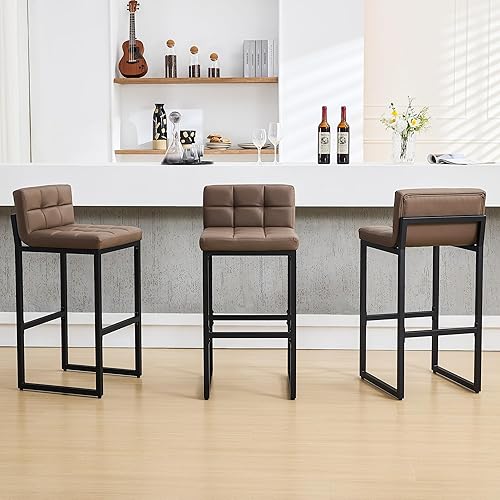 Set of 3 Bar Stools with Back, Modern Bar Height Barstools with Thickened Metal Legs, 30" Faux Leather Counter Chairs for Kitchen Island, Bar, Counter (Coffee Brown, 3Pcs 30" Bar Stools)