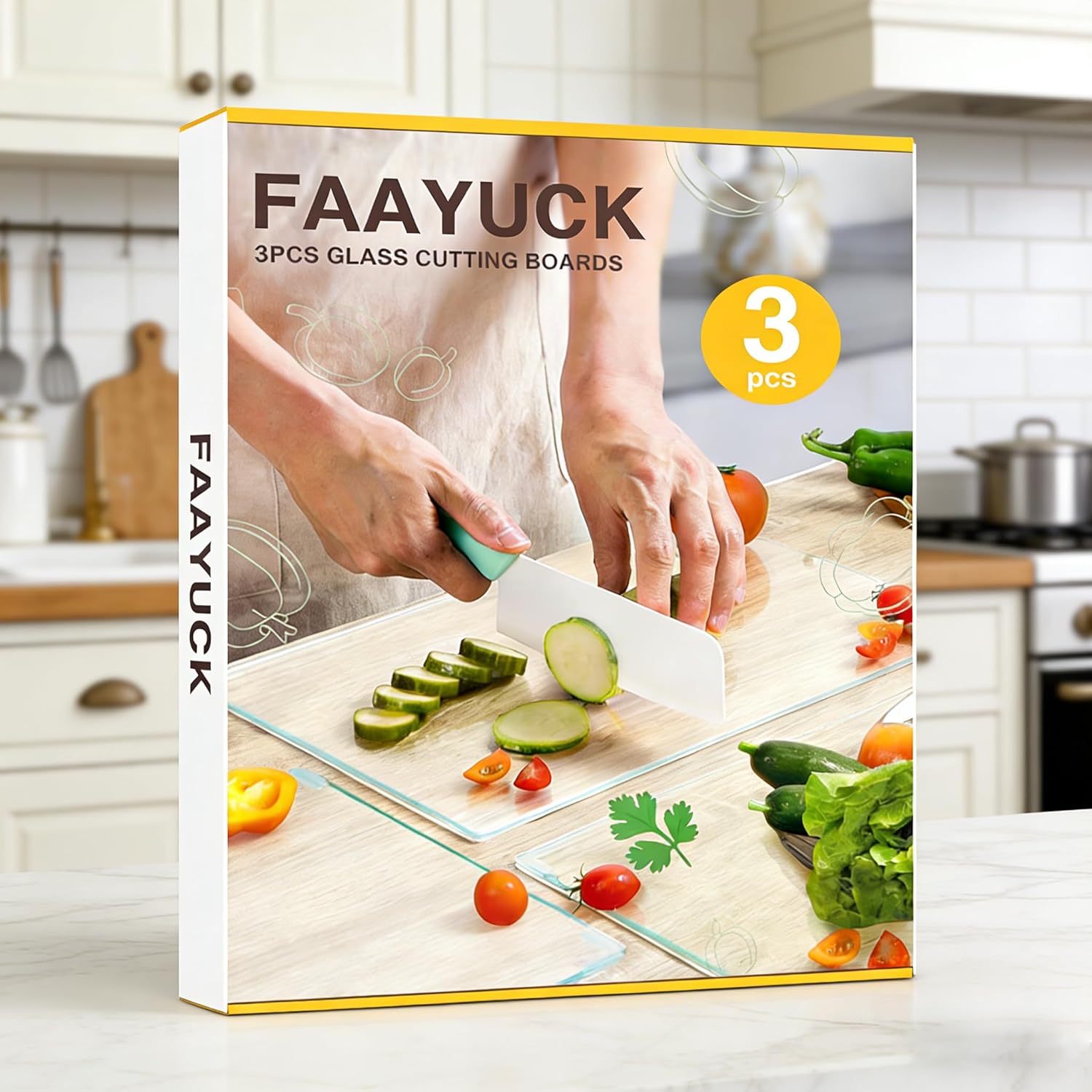 3Pcs Tempered Glass Cutting Board for Kitchen Counter, FAAYUCK Glass Cutting Board with Non-Slip Feet, Heat Resistant, Non-Slip, Scratch Resistant, Shatter Resistant (8"x12"&10"x14"&12"x16")